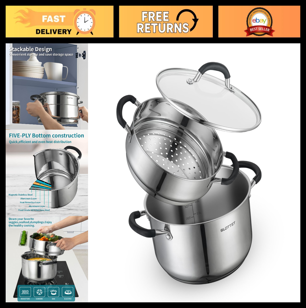 6 Quart Stainless Steel Stock Pot with Steamer & Glass Lid, Stay-Cool Handle, So
