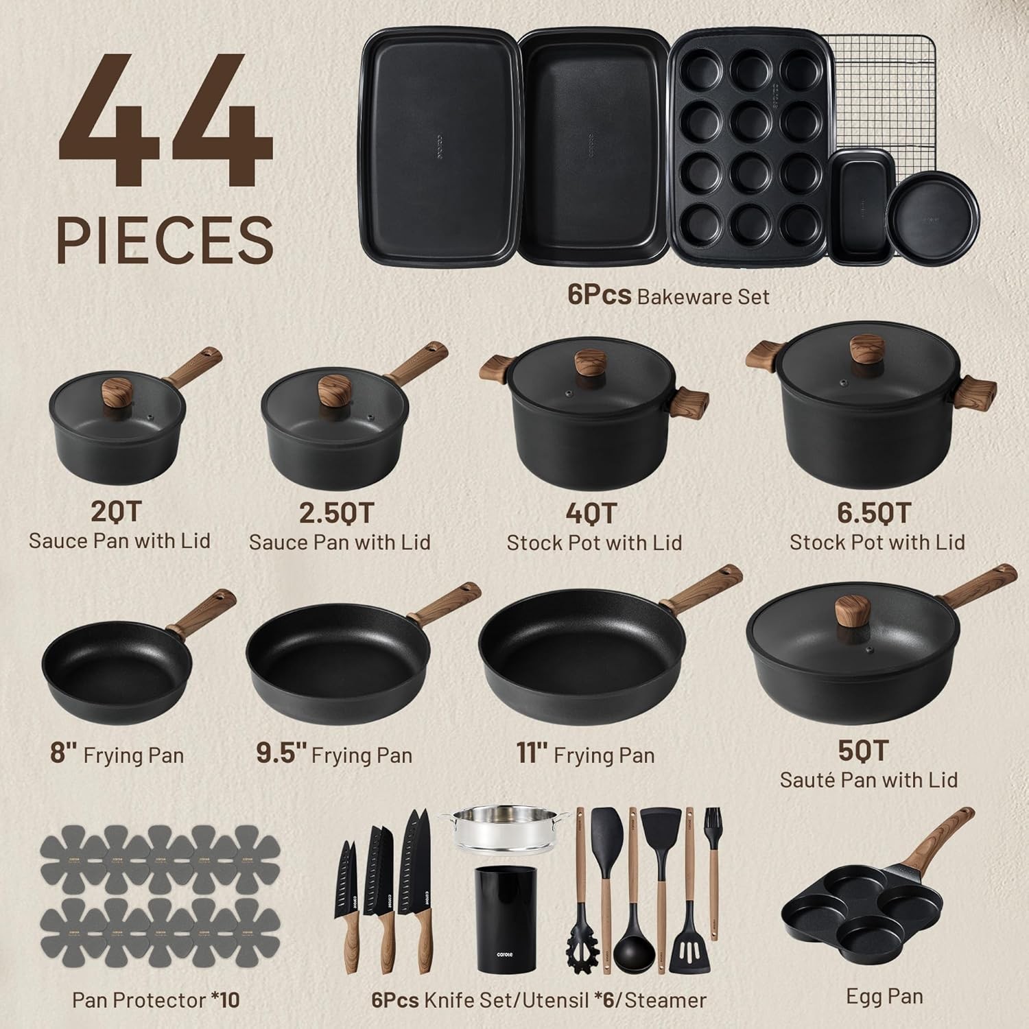 CAROTE 44pcs Nonstick Kitchen Titanium Cookware Sets, Nonstick Pots and Pans, In