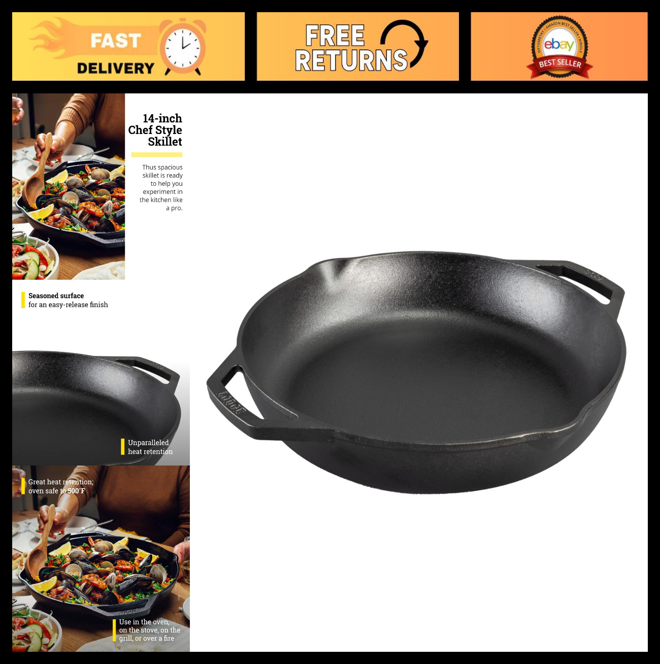 14″ Chef Style Skillet – Cast Iron Frying Pan, Non-Stick, Durable Cookware