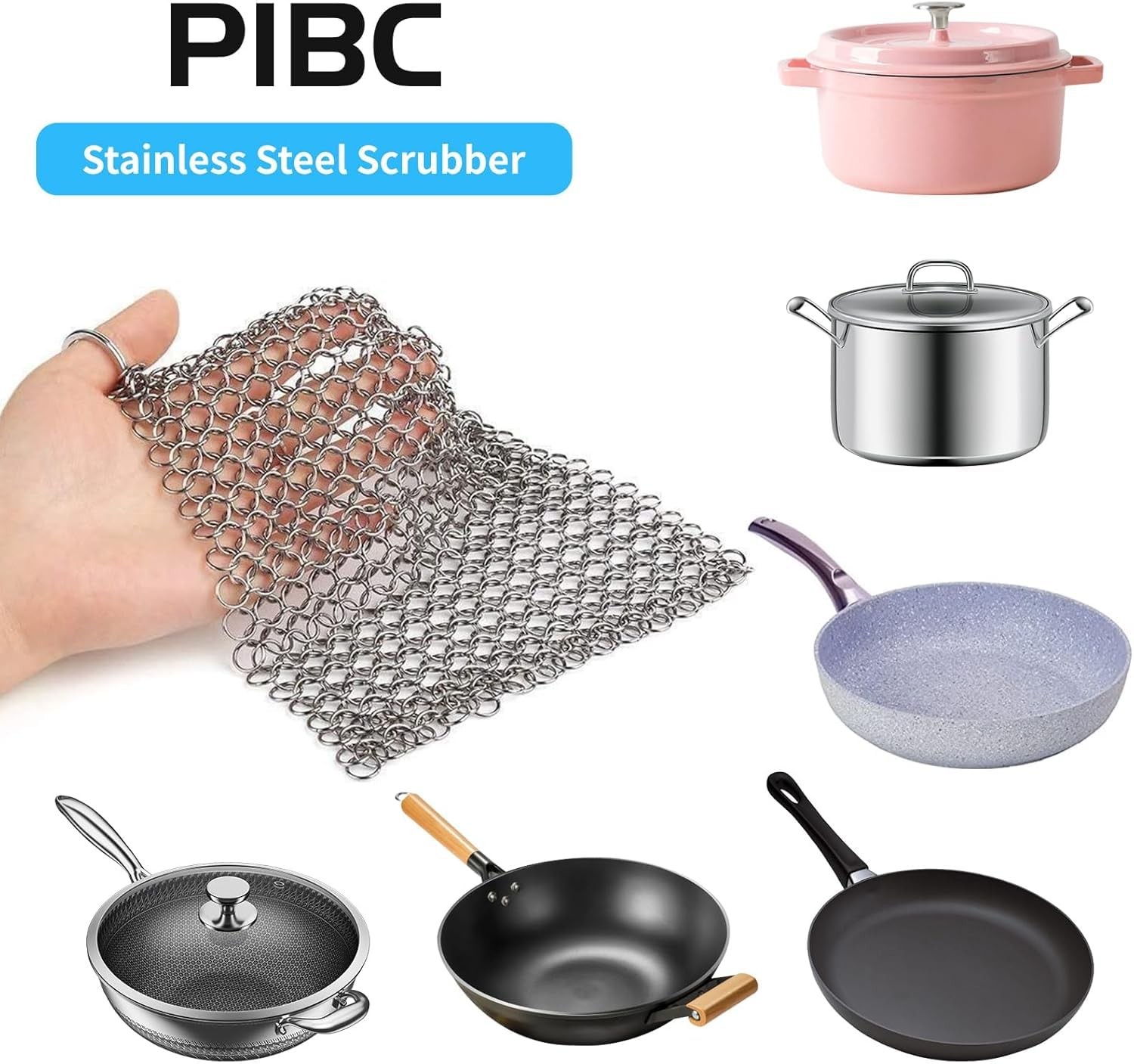 PIBC 8″x6″ Cast Iron Scrubber Stainless Steel Chainmail Cleaner for Pre-Seaso…
