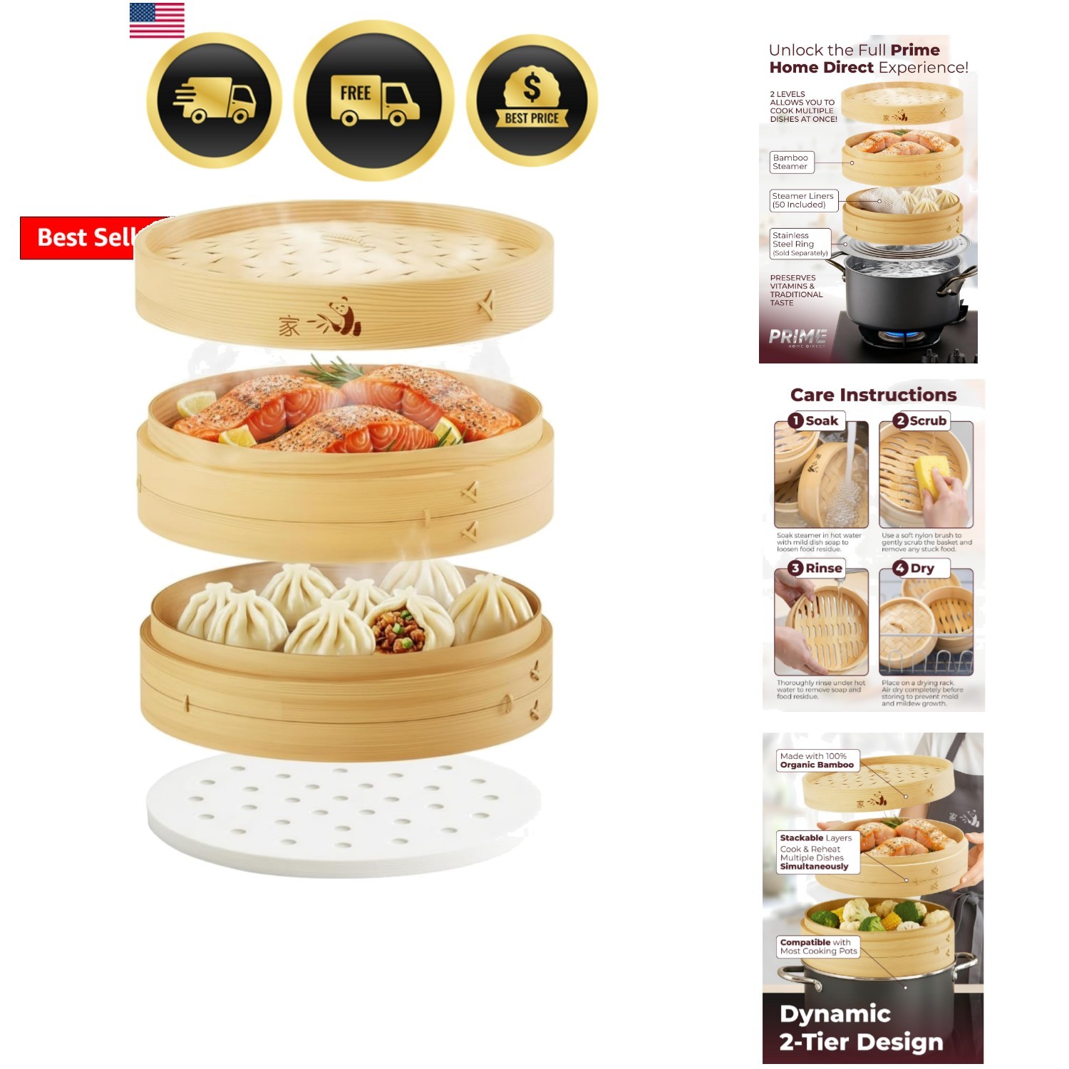 Bamboo Steamer Basket 8-Inch | 2-Tier Steamer for Cooking | 50 Liners | Small…