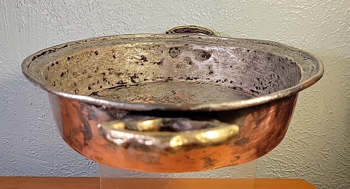 Antique French Copper Saucepan Brass Handles Tin Lined 19th century 10.5″ Diam.