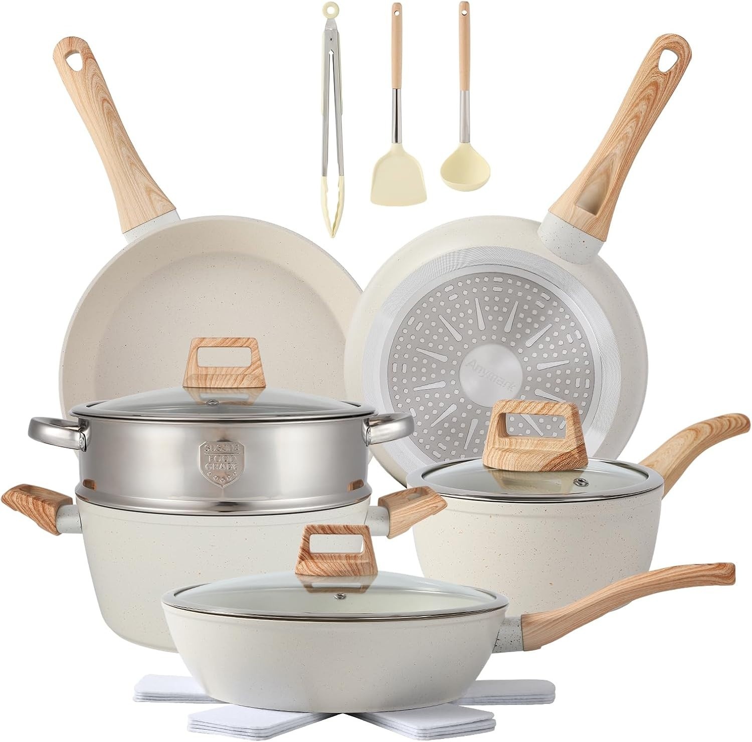 16PCS Pots and Pans Set Non Stick Cookware Set Nonstick with Cooking Set, White