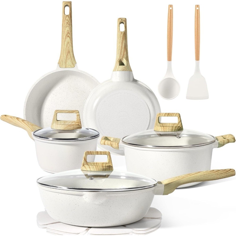 Non Stick Cookware Set 14 Piece White Granite Pots and Pans Induction Compatible