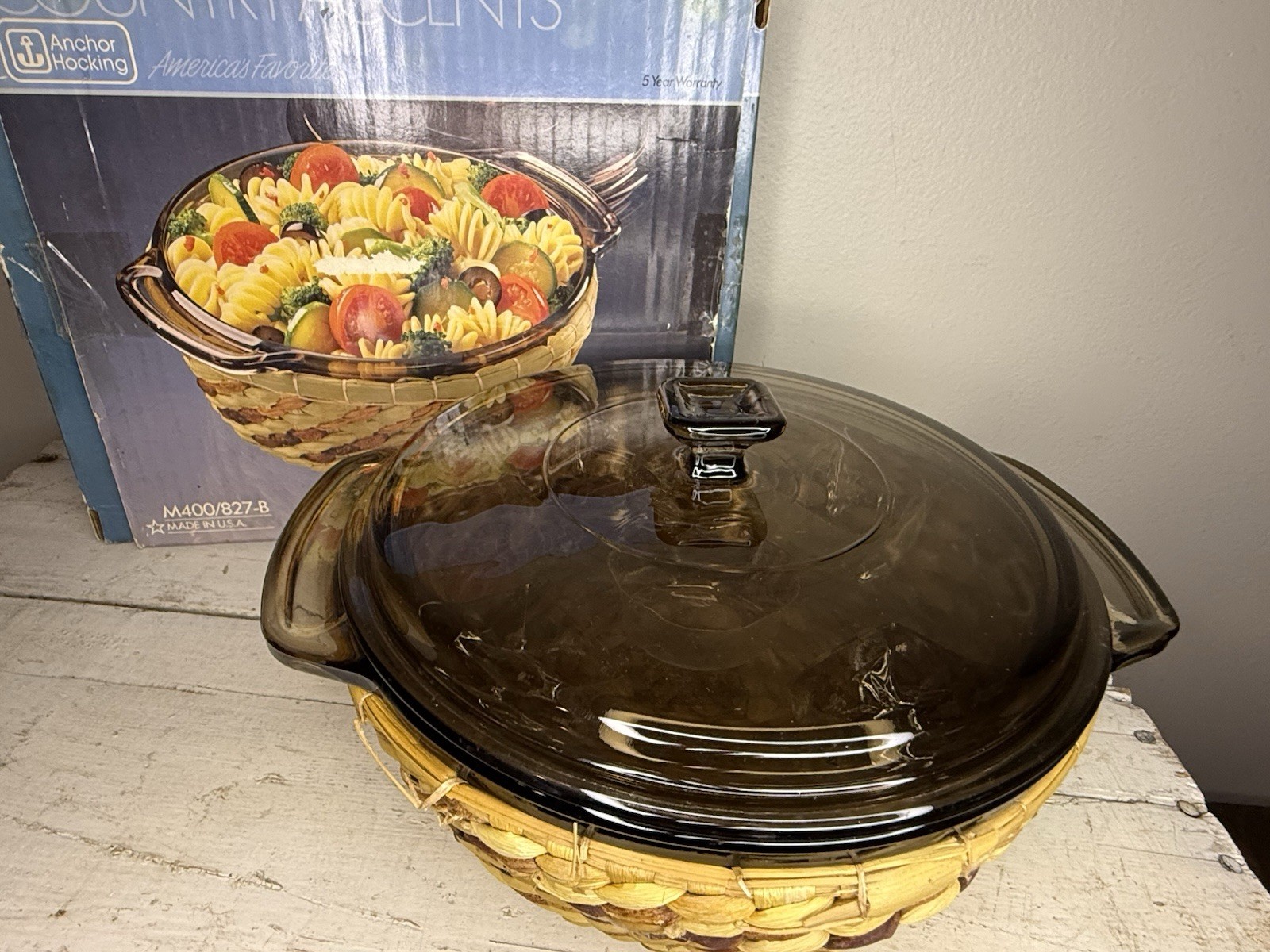 Vtg Anchor Hocking Basket Buffet Harvest Amber 1.5qt Casserole New in Box M400
