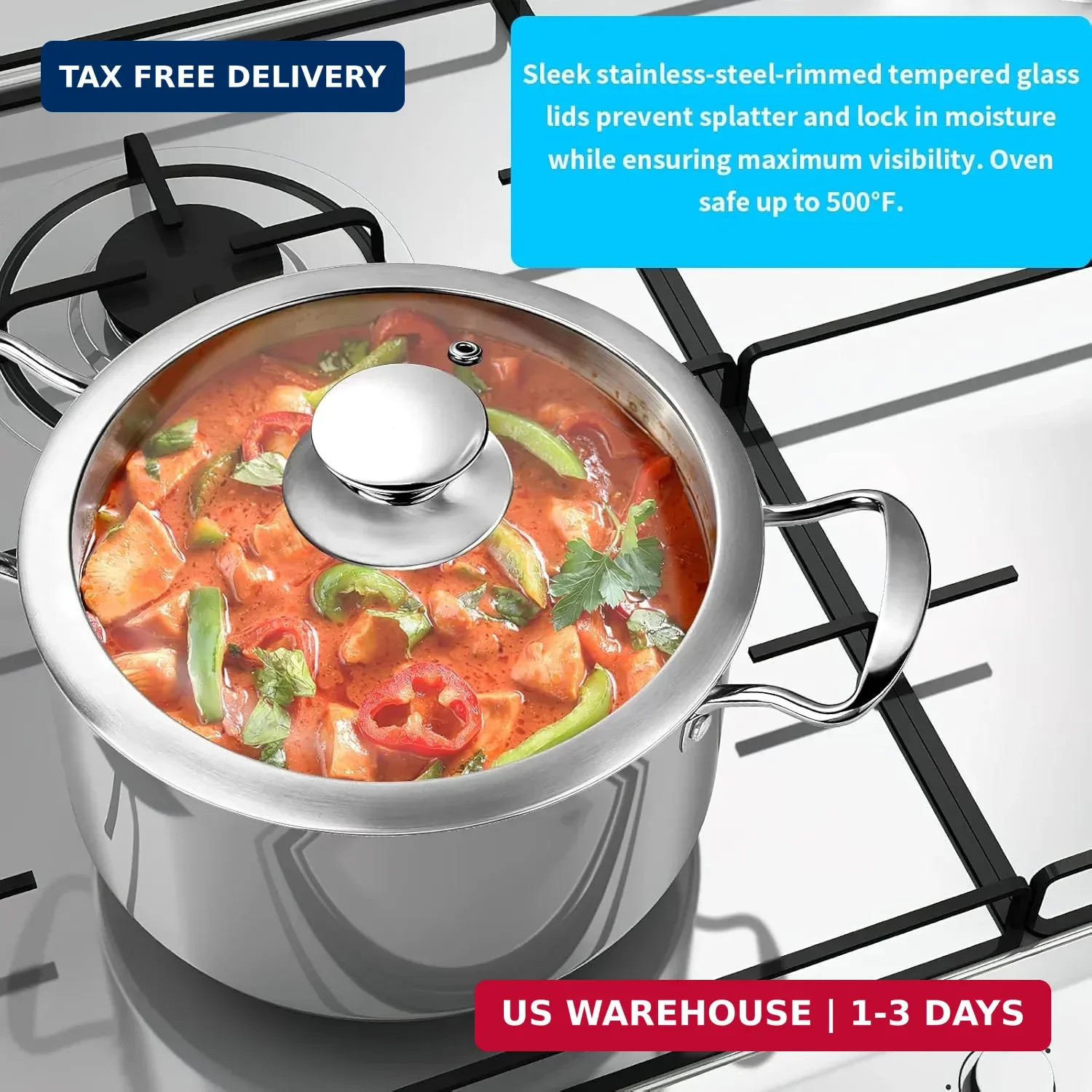 Stainless Steel Pots and Pans Set, 7-Piece Kitchen Cookware Sets with Glass Lids