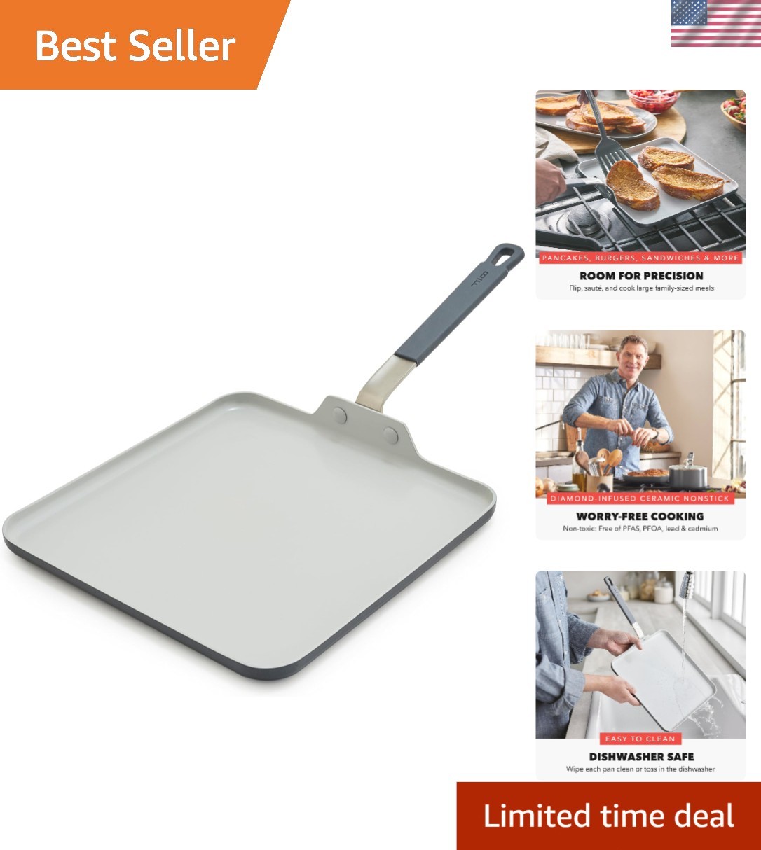Nonstick Square Griddle Pan Ceramic Diamond Coating Stay Cool Handle 11 Inches