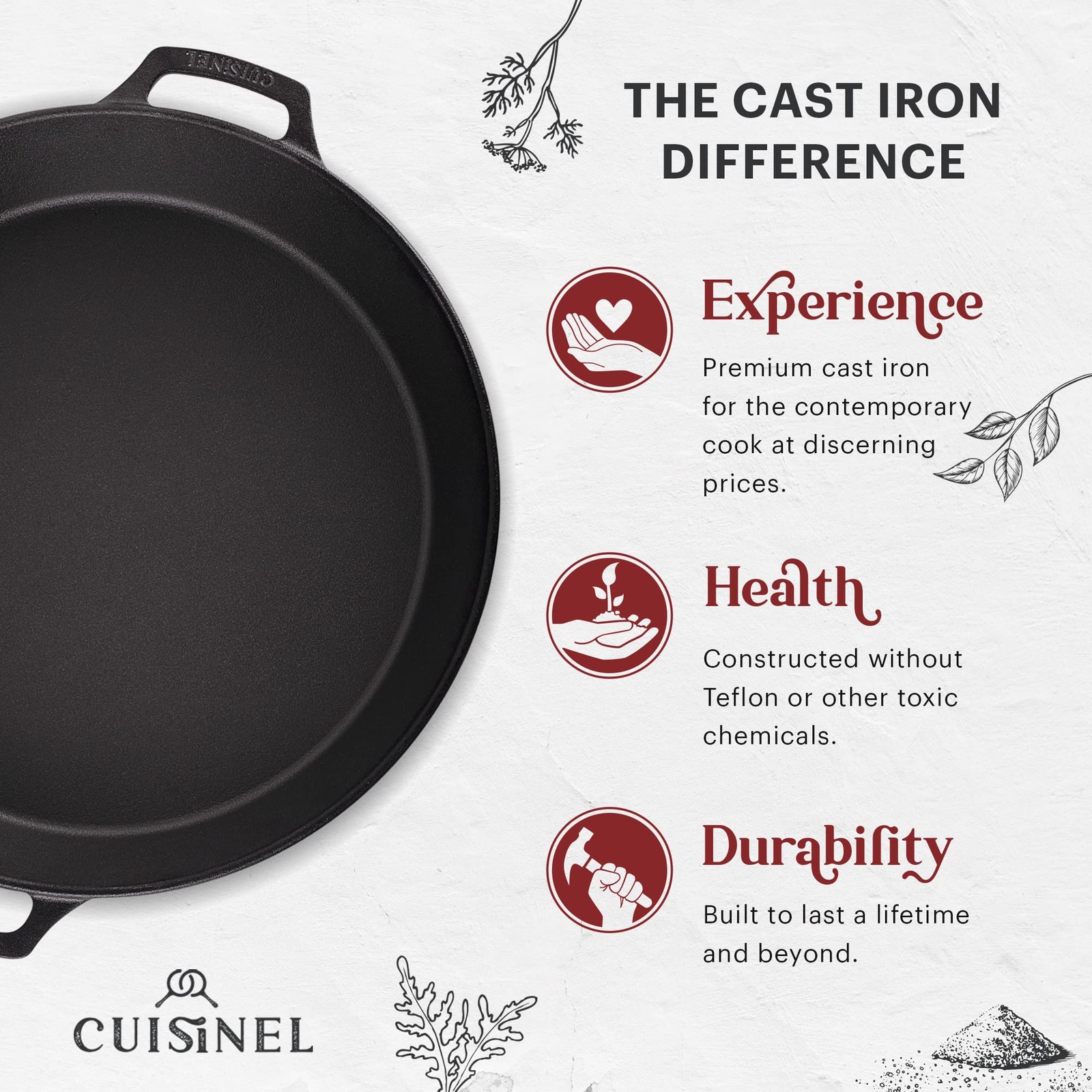 Cuisinel Cast Iron Skillet + Glass Lid + Red Chainmail Scrubber – 15″-Inch Du…