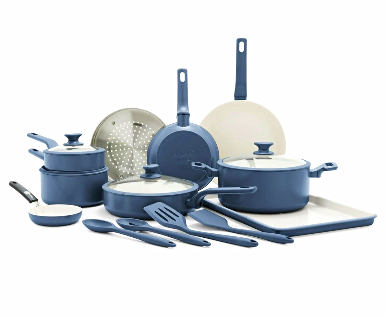 GreenPan Essence 17-Piece Ceramic Nonstick Cookware Pan Set Oven-Safe Blue