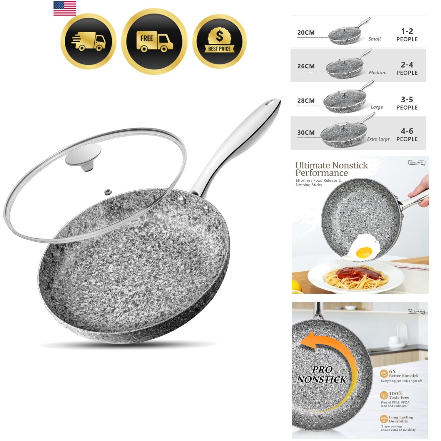 10 Inch Frying Pan with Lid, Nonstick Frying Pan with Non Toxic Granite Coati…