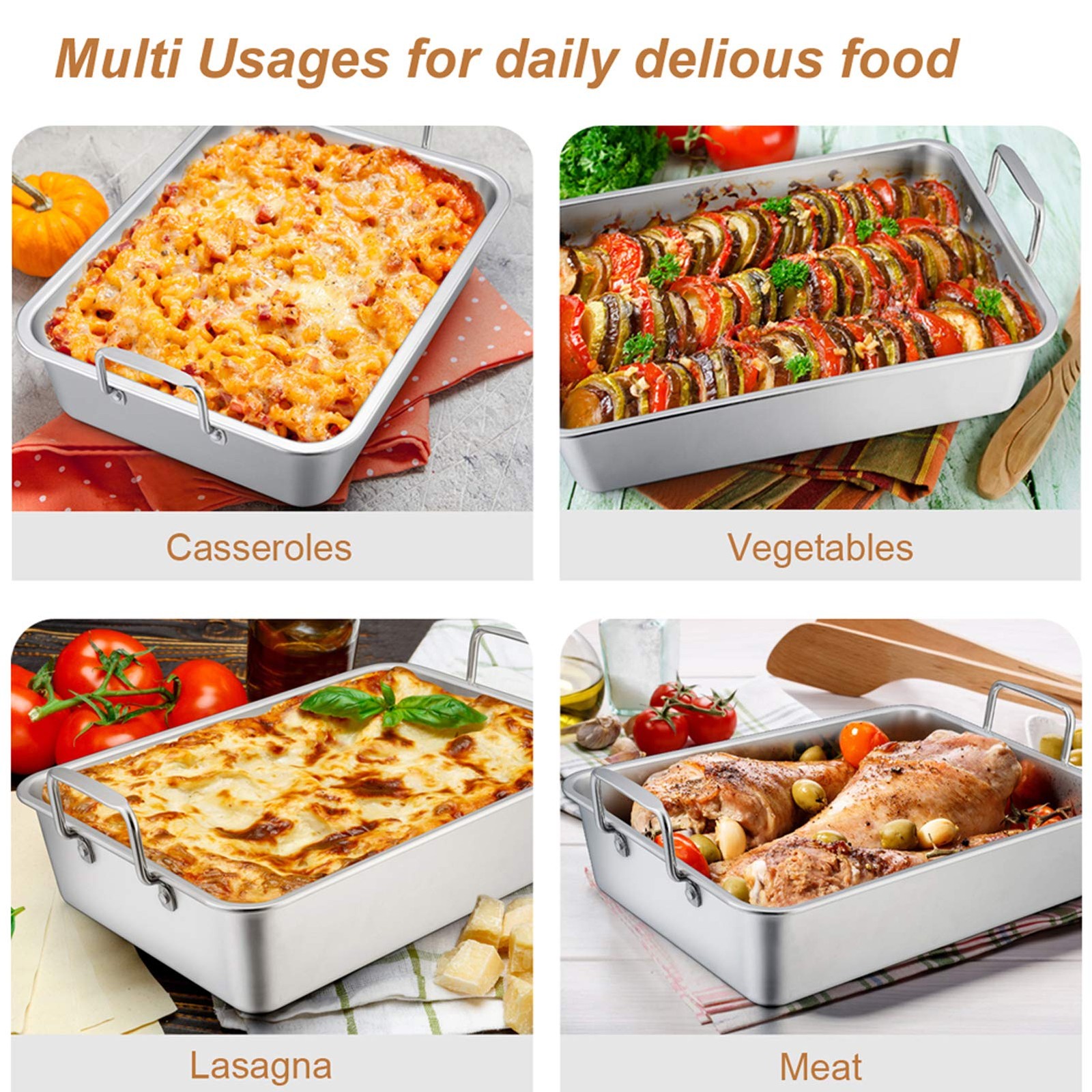 TeamFar Roasting Pan with Rack, 14 Inch Stainless Steel Turkey Roaster Lasagna P