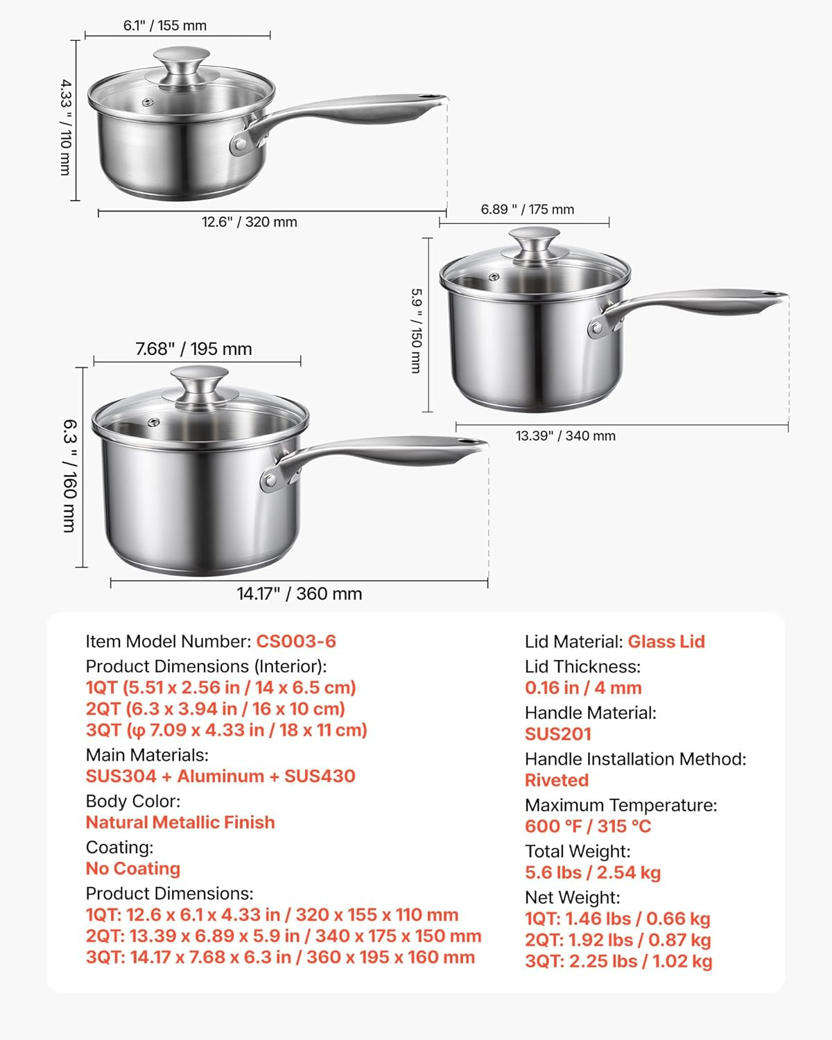 Stainless Steel Saucepan Set, 1 QT & 2 QT & 3 QT Saucepans with Glass Lids…