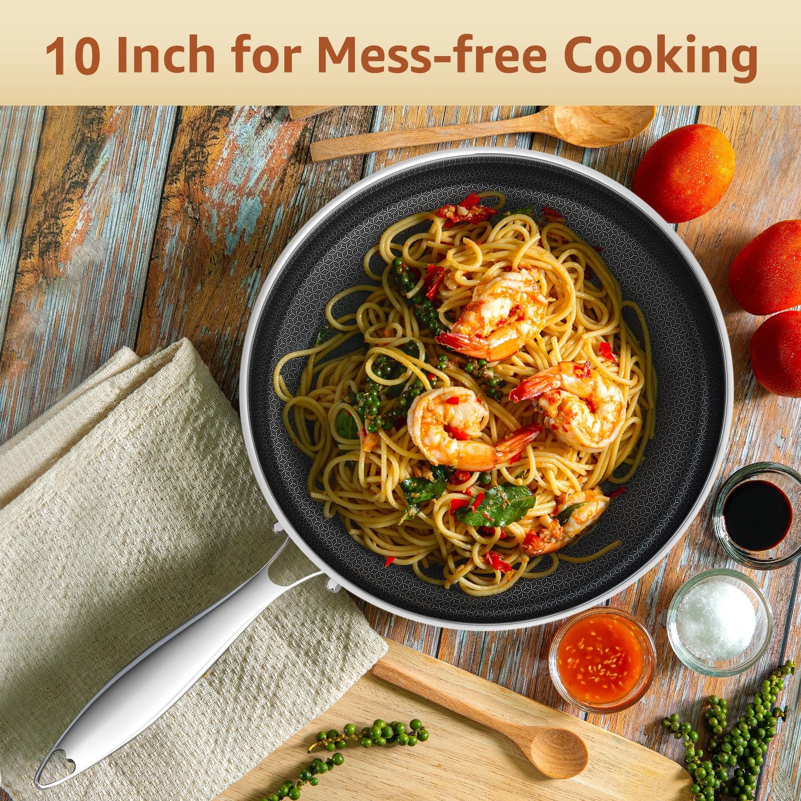 10 In Hybrid Nonstick Stainless Steel Sauté Pan with Lid,Deep Frying Pan,Skillet