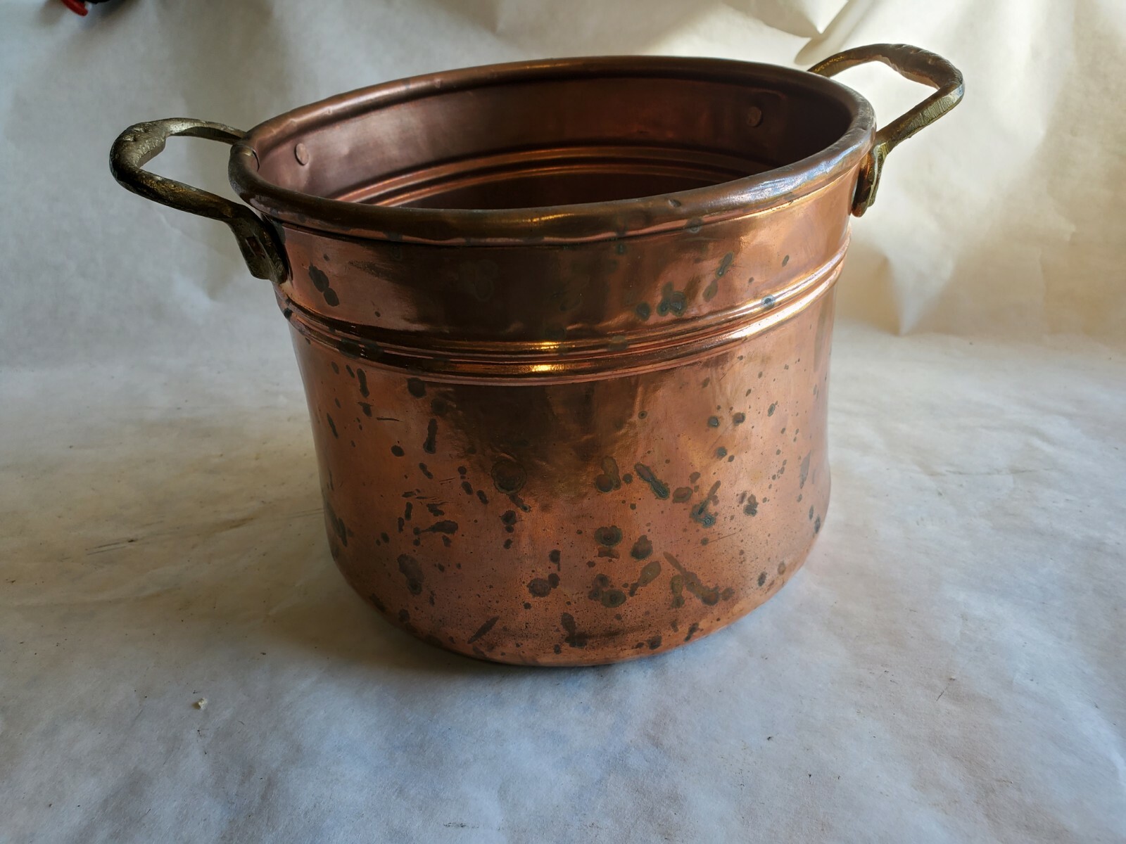 Small Copper Stock Pot 7” Dia. X 5-1/2″ Deep Brass Handle Riveted Handle