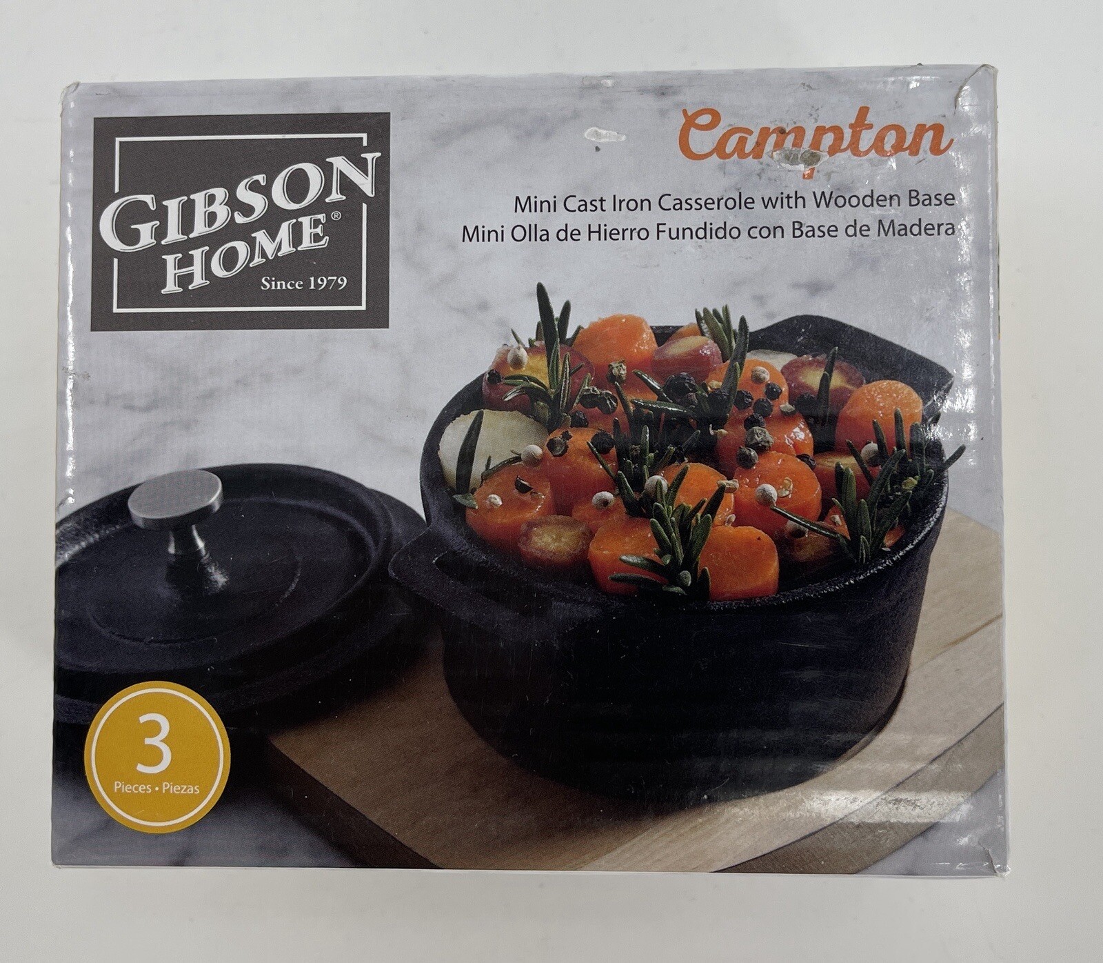 Gibson Home Campton Mini Cast Iron Casserole Wooden Base 4″ Round Dutch Oven