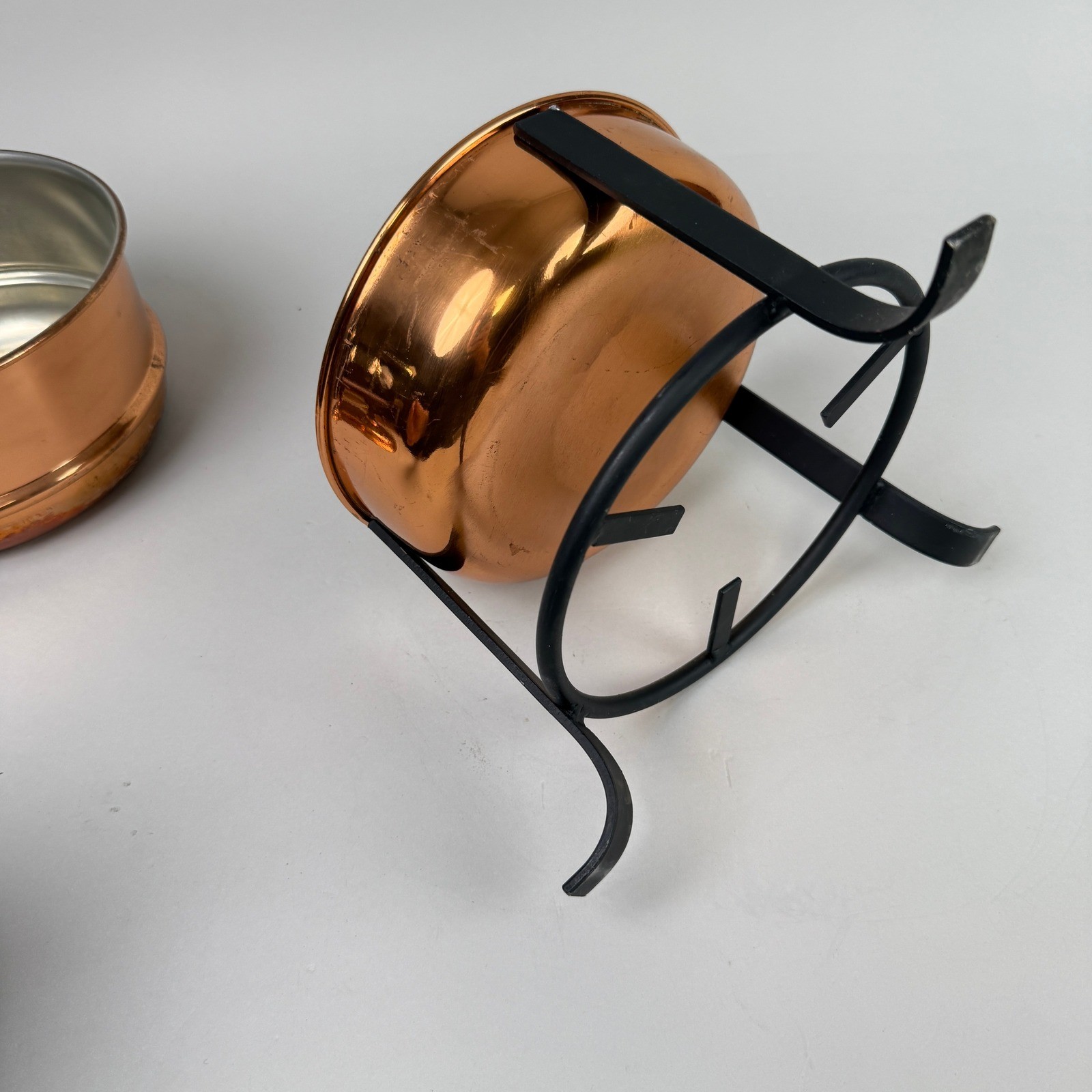 Vintage Copper Double Boiler Pot with Wood Handle and Stand Fondue Set