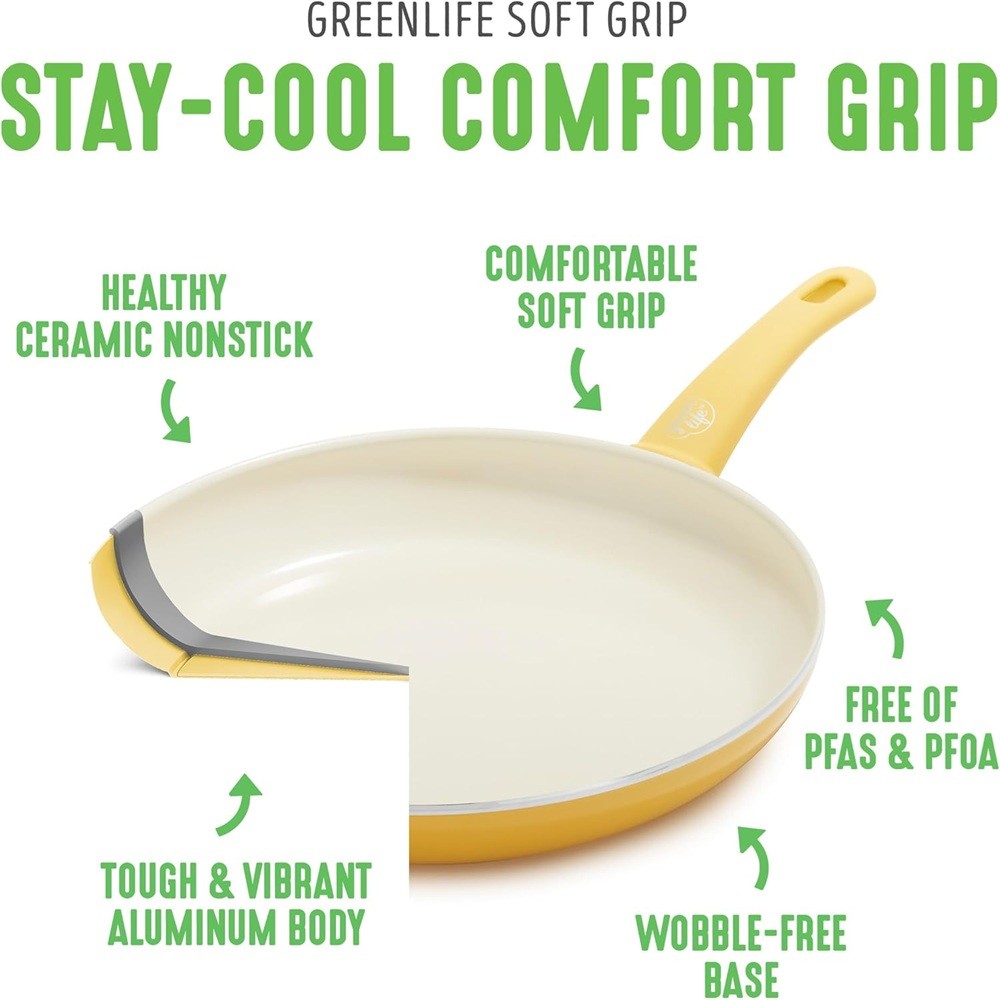 GreenLife Soft Grip Nonstick Ceramic 18Piece Cookware Pots/Frying Pans Set Yello