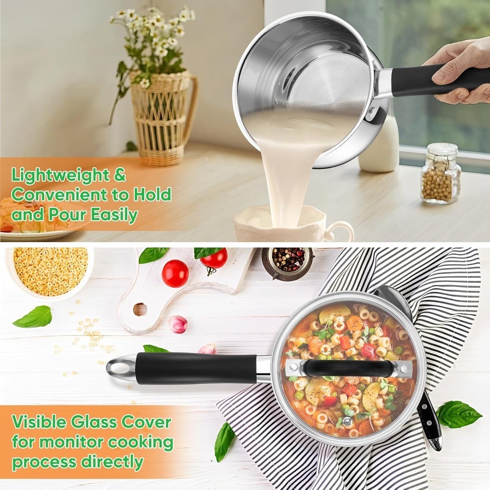 1 Quart Sauce Pan with Lid, Stainless Steel Saucepan, Small Milk Pot for