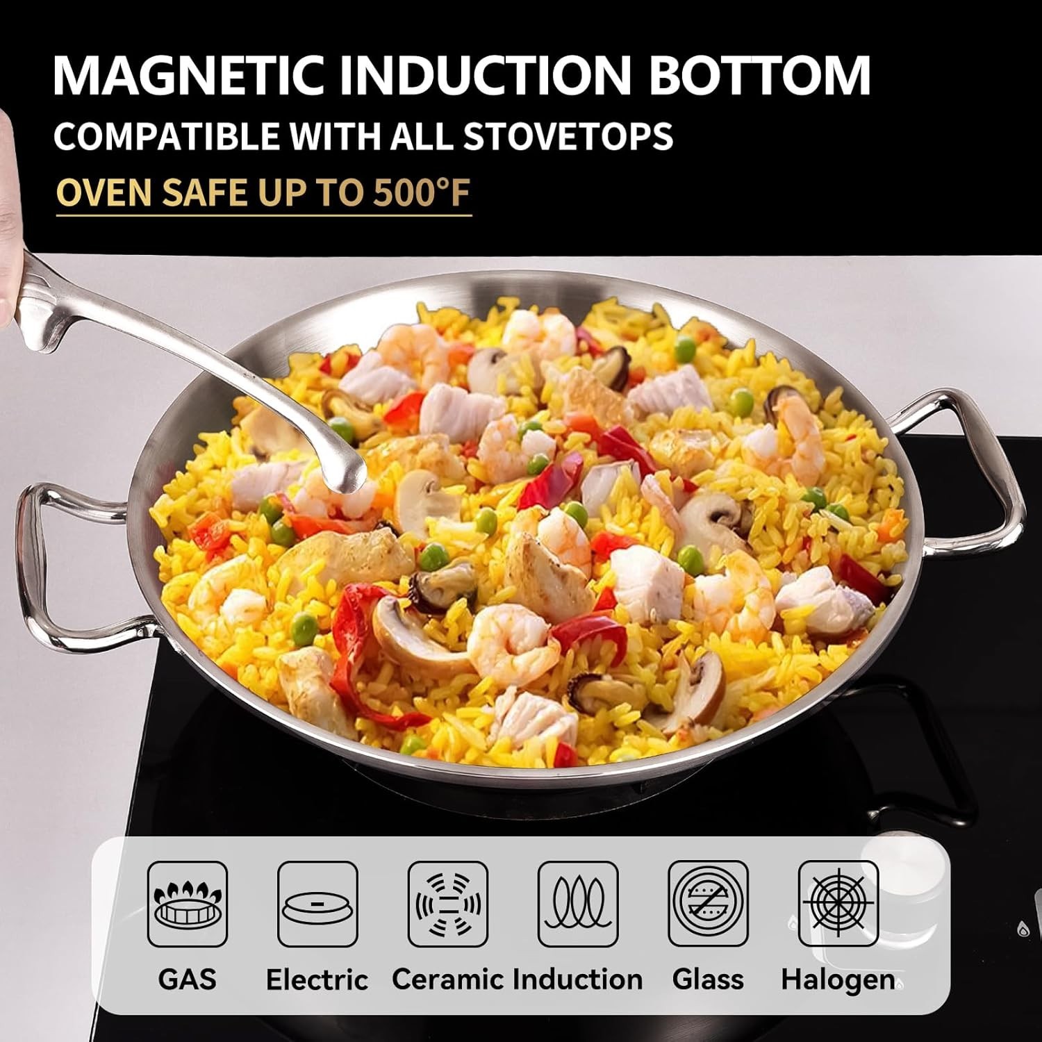 13 Inch Tri-ply Stainless Steel Paella Pan with Lid,Griddle,Large Skillet,Omelet