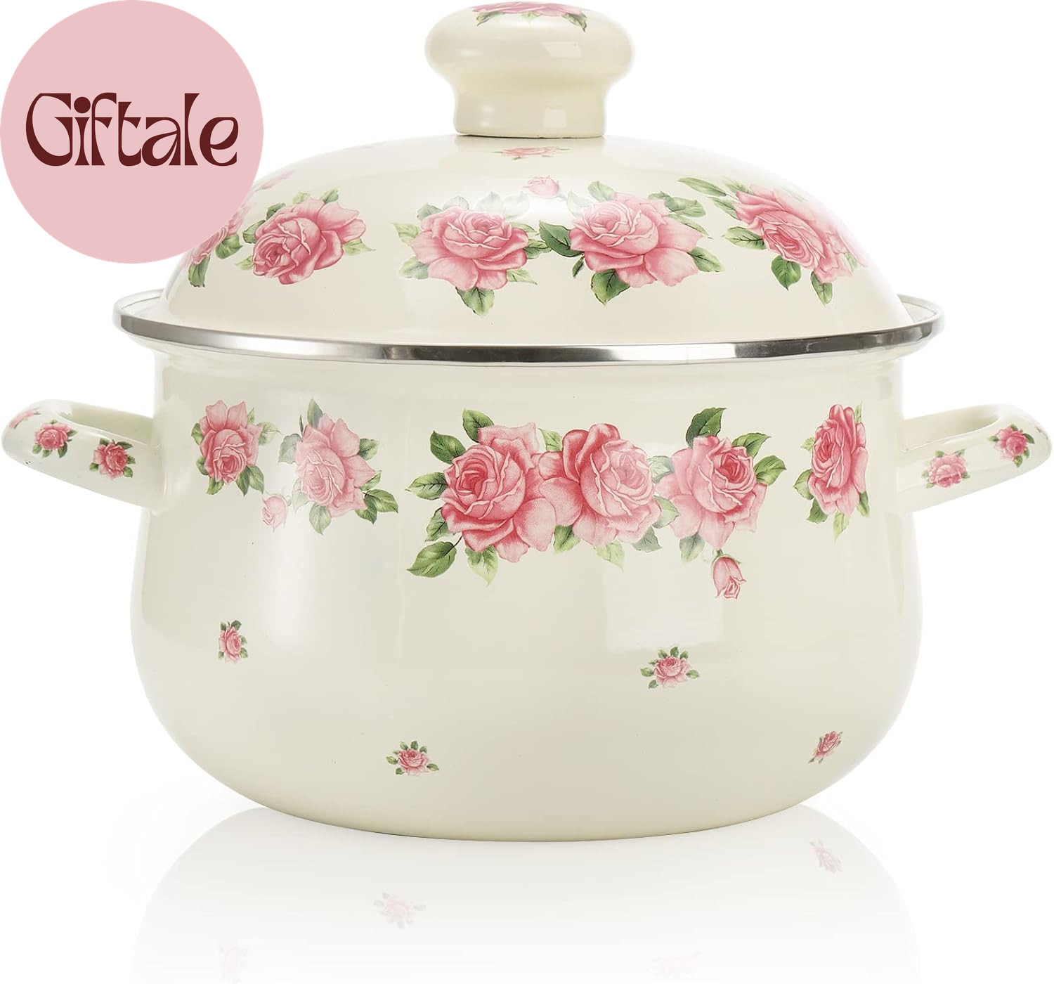 Enamel Stockpot with Lid, 2.8 Quart Retro Cooking Pot, Vintage Floral Stew Bean