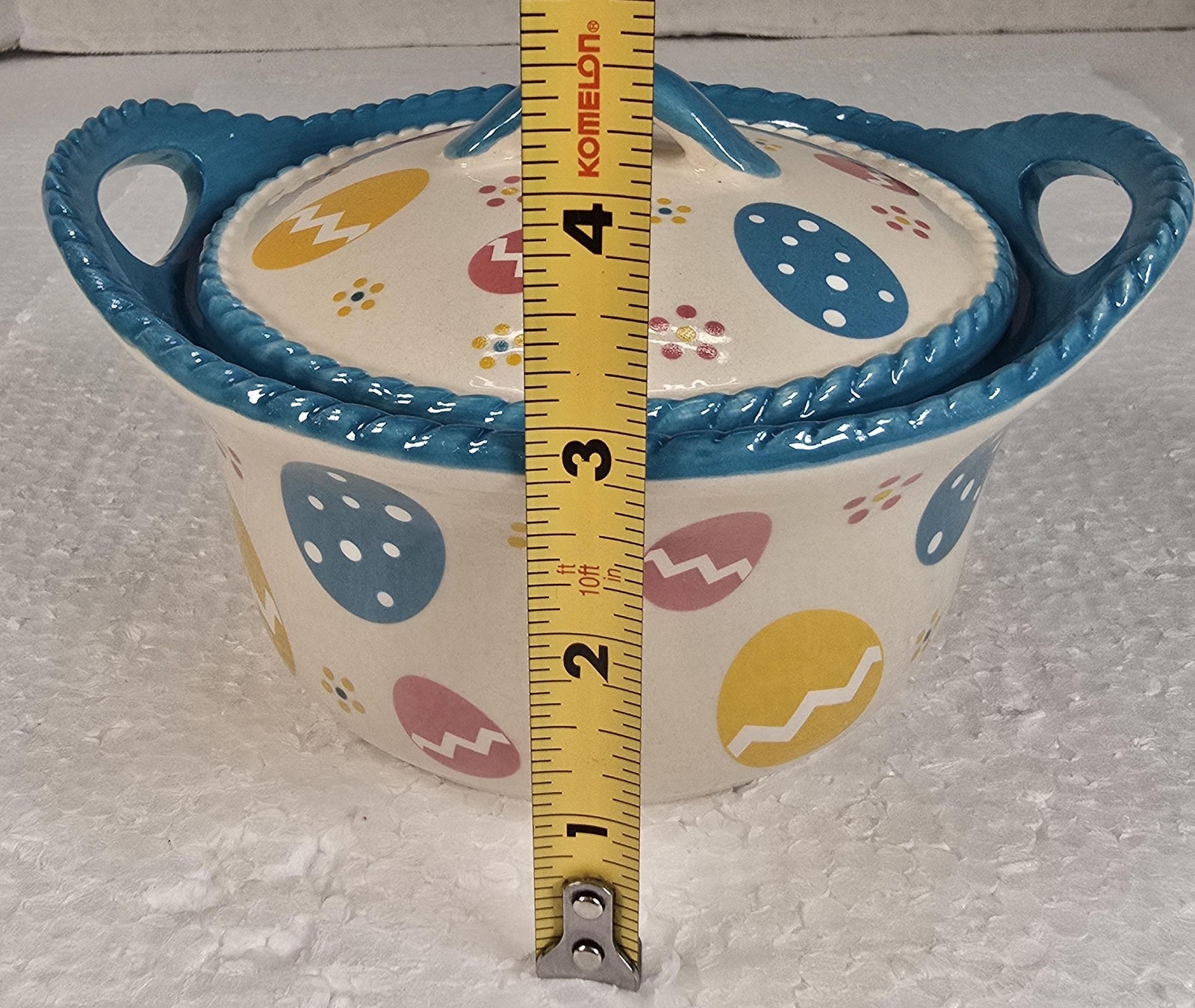 Temp-tations Tara Easter Egg Covered Dish Blue Handles Small 16oz Ceramic Spring