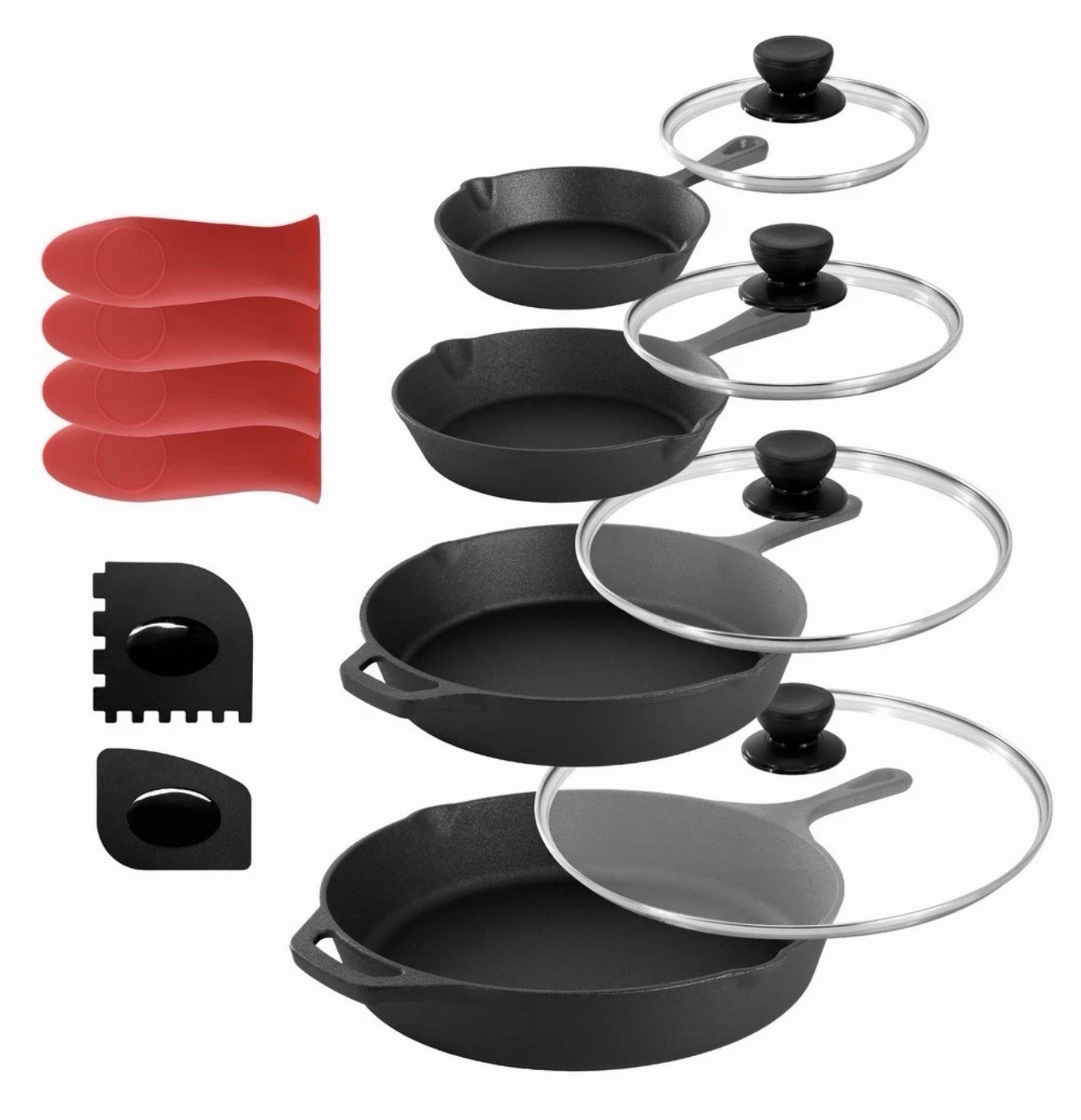 Megachef Mcci-7400 13 Piece Cast Iron Skillet Set Tempered Glass Lids And