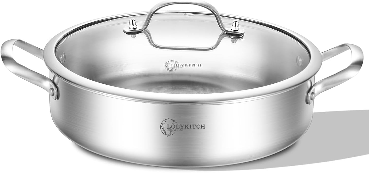 LOLYKITCH 7 Quarts Tri-Ply Stainless Steel Sauté Pan with Lid,12 7 QT, Silver