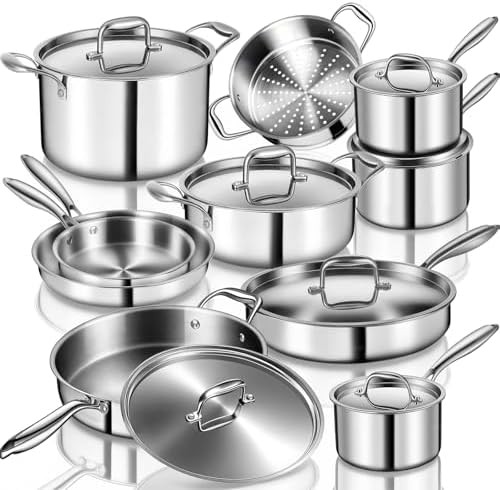 Stainless Steel Cookware Set, 3 Ply 17 Piece Stainless Steel Pot and Pan Set, Ov