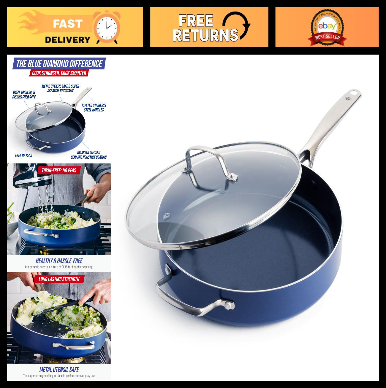 5QT Nonstick Saute Pan with Lid, PFAS-Free Ceramic, Dishwasher & Oven Safe, Jumb