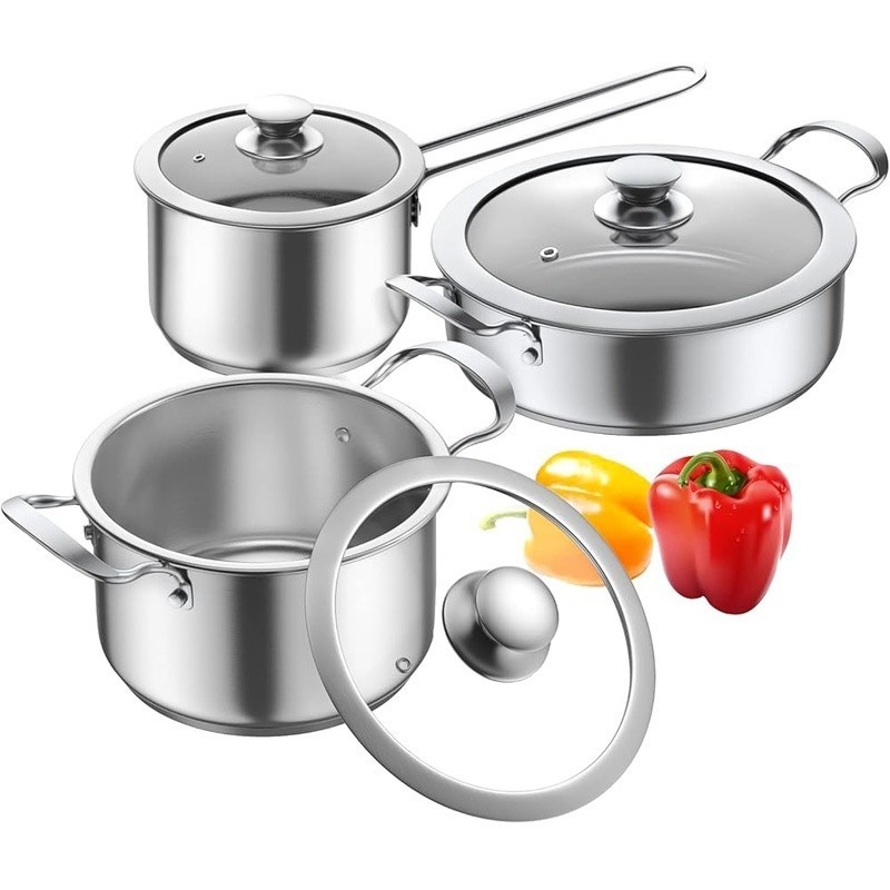 Stainless Steel Cookware Set 6PCS Pots W/ Tempered Glass Lids Durable Nonstick