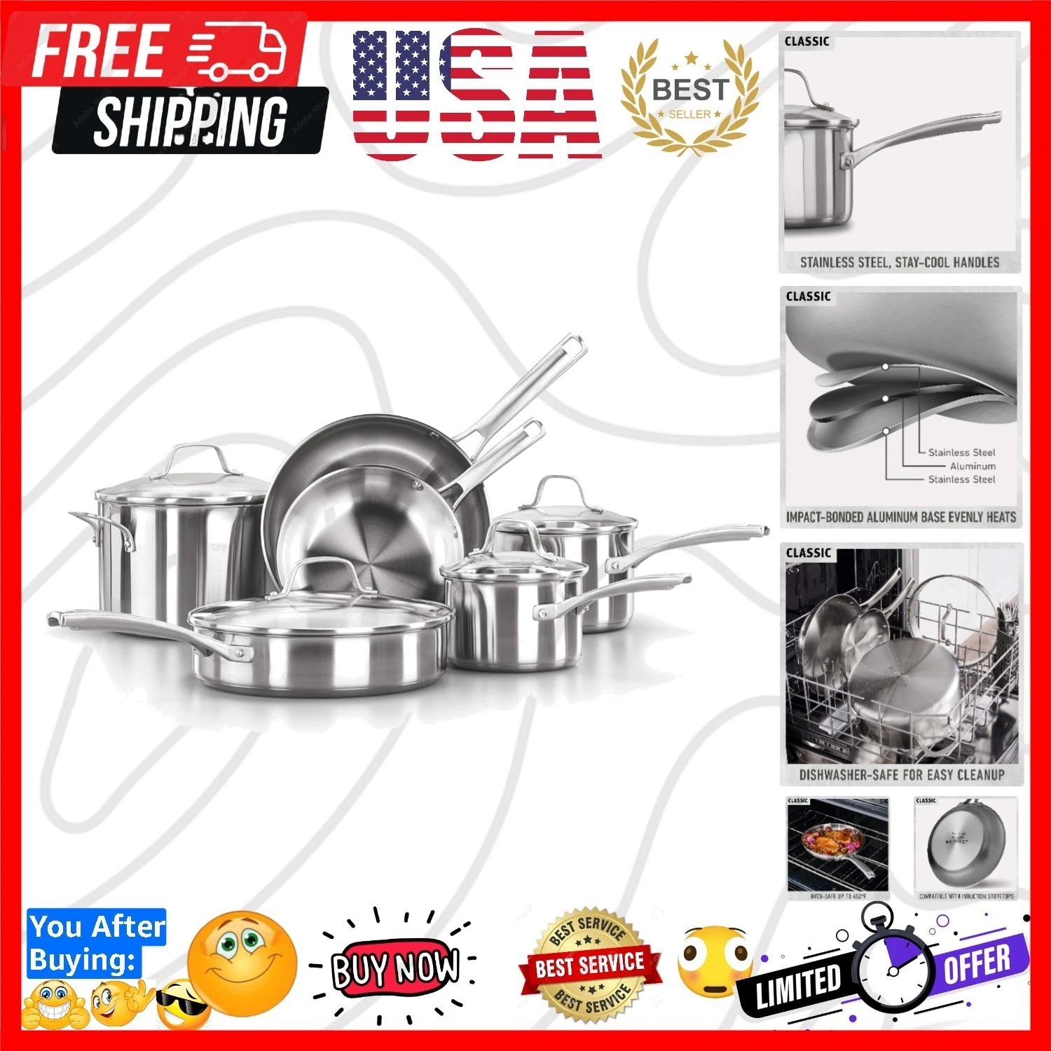 Classic Stainless Steel Cookware Set, 10-Piece, Impact-Bonded Aluminum Base, …