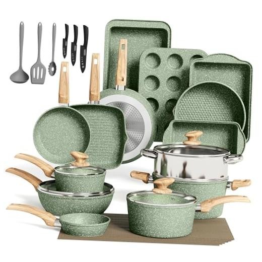 30 Piece Pots and Pans Set Non Stick, Kitchen Cookware & 30-piece Green
