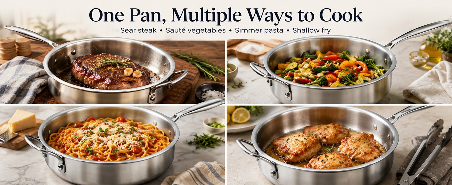 11 Inch Tri-Ply Stainless Steel Saute Pan with Glass Lid, 4.7 QT Deep Skillet