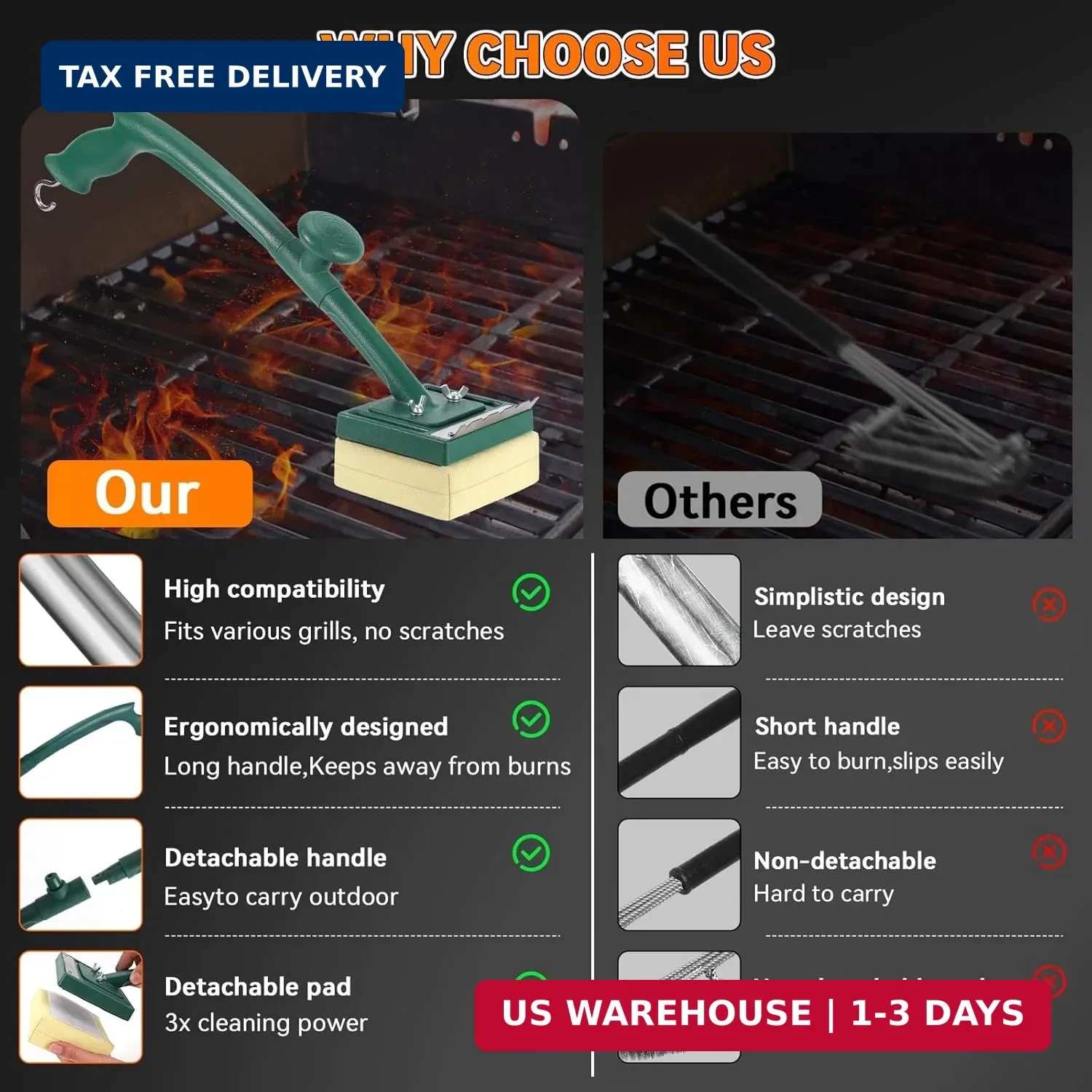 Grill Brush Bristle Free with Scraper,22″ Extra Long Steam Grill Brush for Outdo