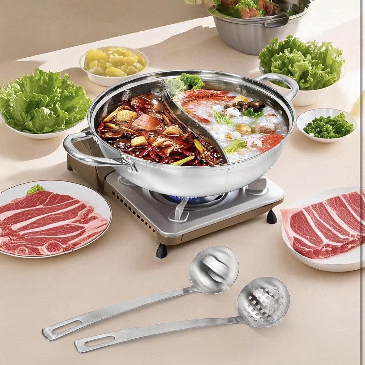 304 Stainless Steel Hotpot Pot with Divider, 12 Inches Double-Flavor Shabu Shabu