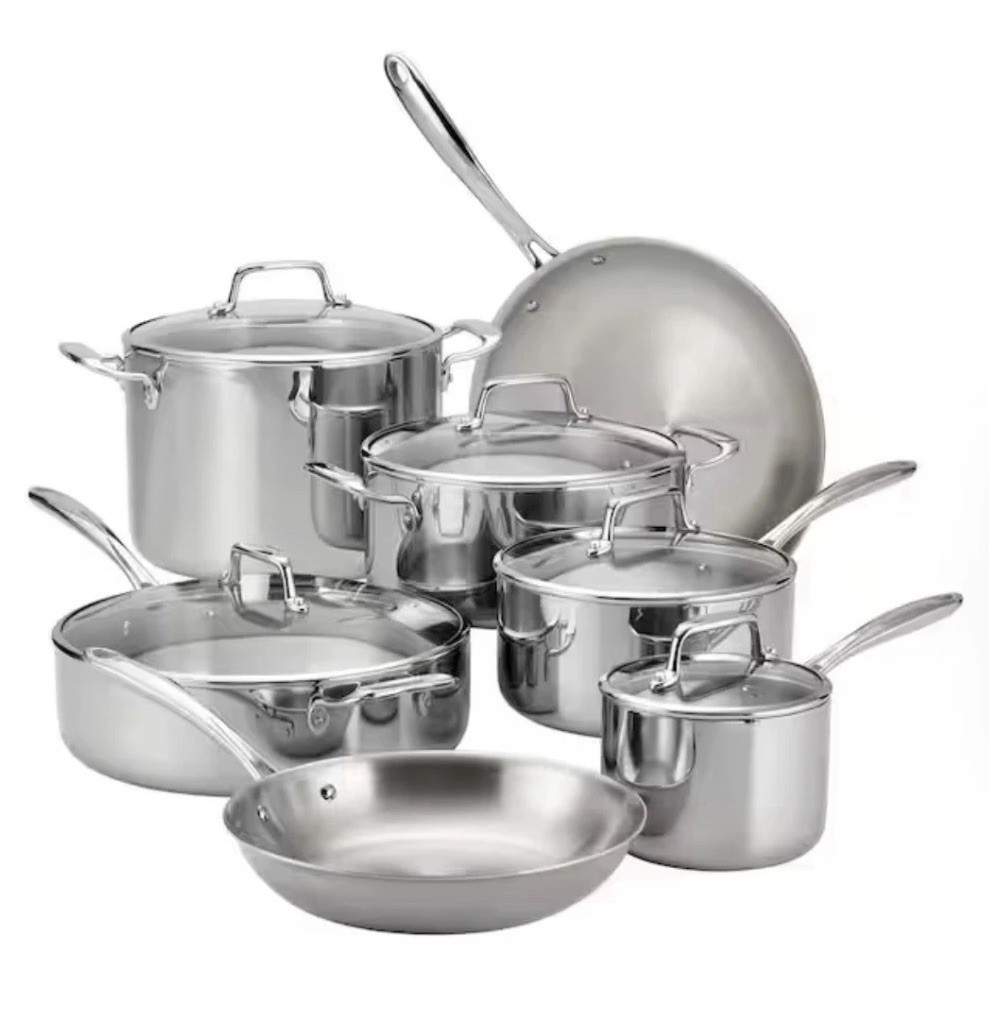 Tri-Ply Clad Stainless Steel 12-Piece Cookware Set with Glass Lids, Pots And Pan