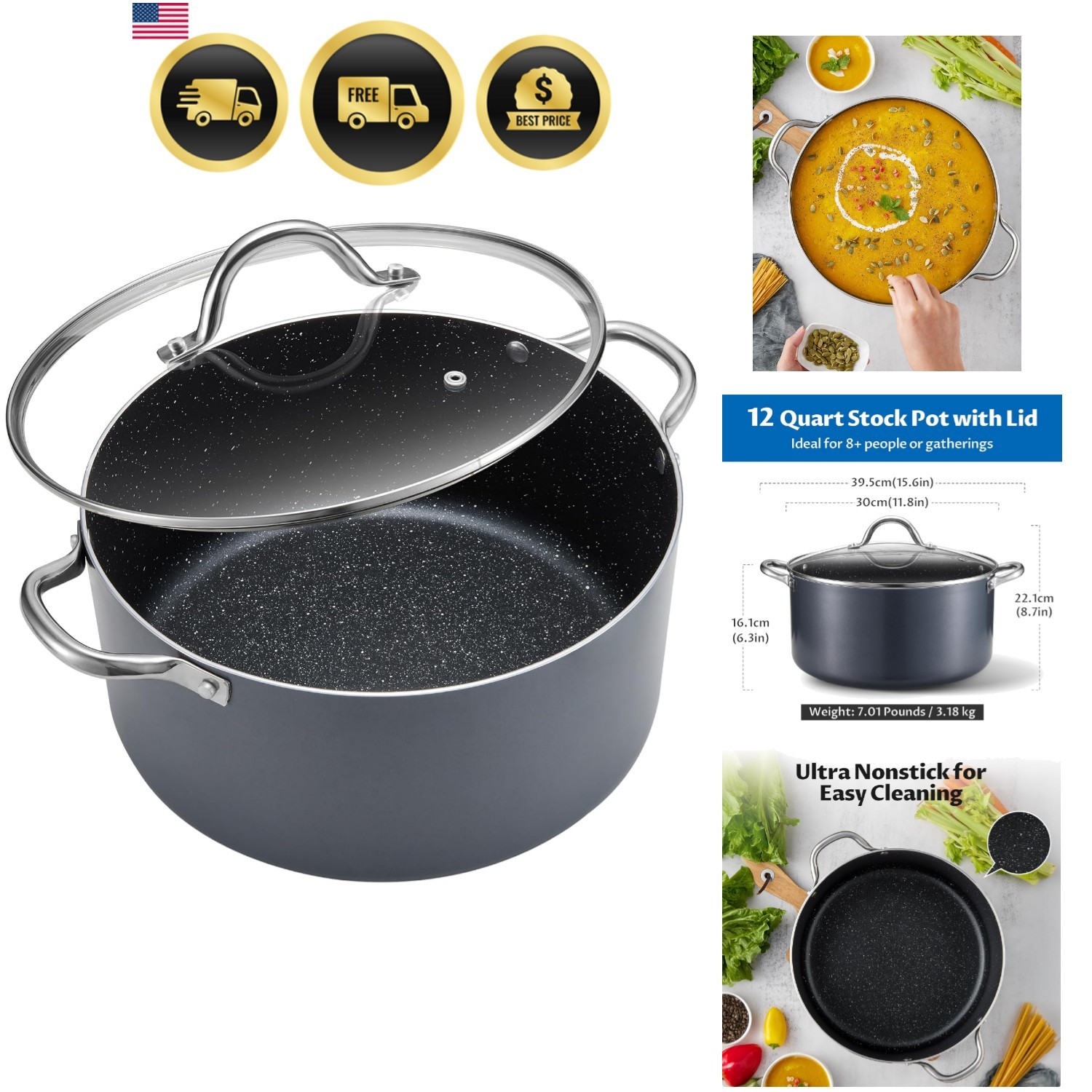 12 Quart Cooking Pot, Large Non Stick Induction Stock Pots with Lid, All Stov…