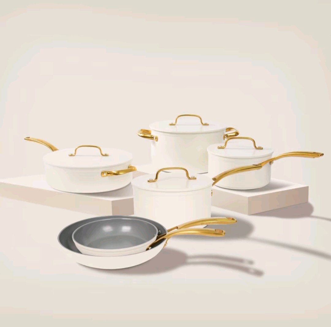 10pcs Golden Handle Ceramic Nonstick Cookware Set Series Oven Safe Easy Clean
