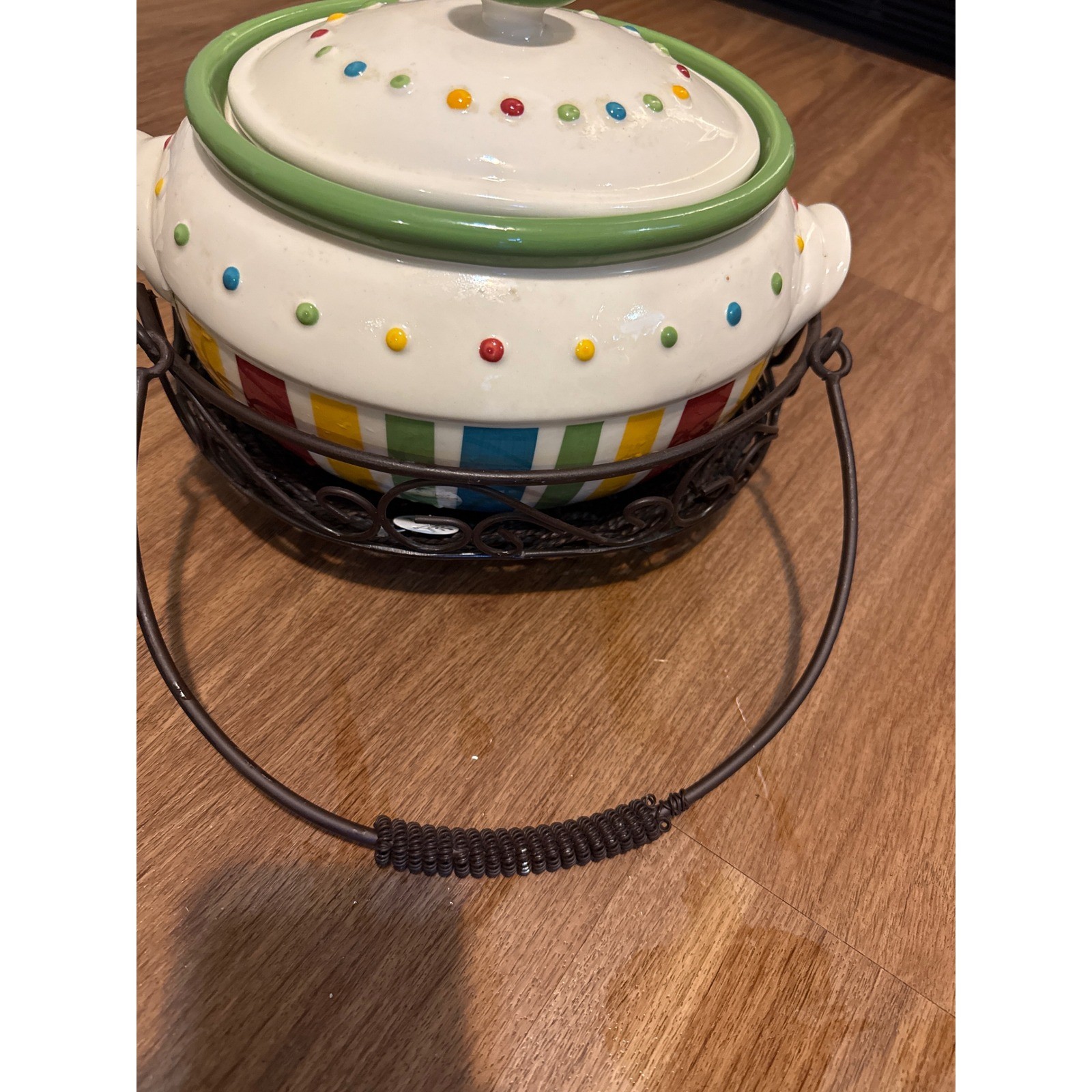Multicolor Striped Ceramic Bean Pot Tureen with Lid and Metal Wire Basket Carry