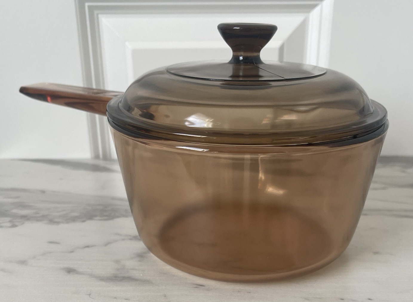 Vintage Pyrex Corning Vision Ware Amber 1L Glass Cooking Pot Spout Lid – USA
