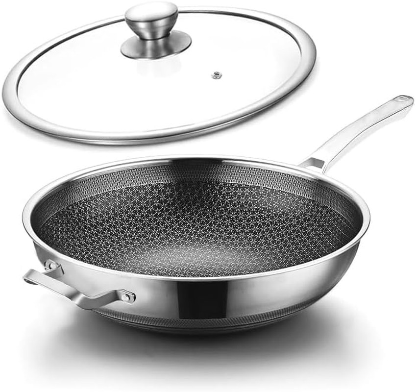 14-INCH WOK PAN HYBRID NON-STICK Stainless Steel Large Deep Woks Stir-Fry Pans