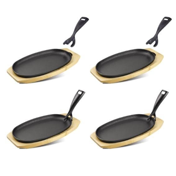 Dvk 4 Set Cast Iron Skillet Sizzling Plate Wooden Base Fajita Skillet Removable