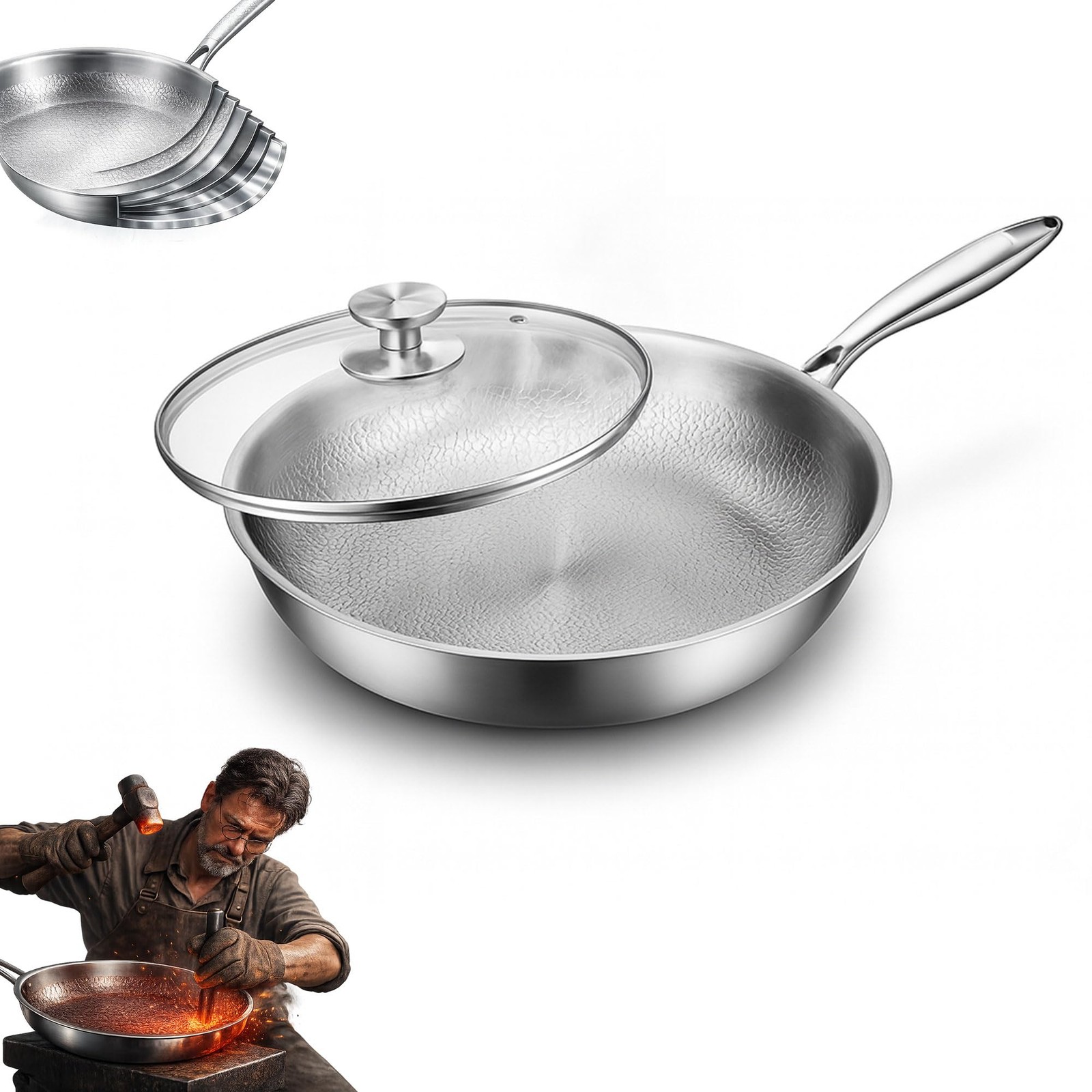 Pure Titanium Hammered Frying Pan with Lid, 12 Inch Skillet, No Coating Cookware