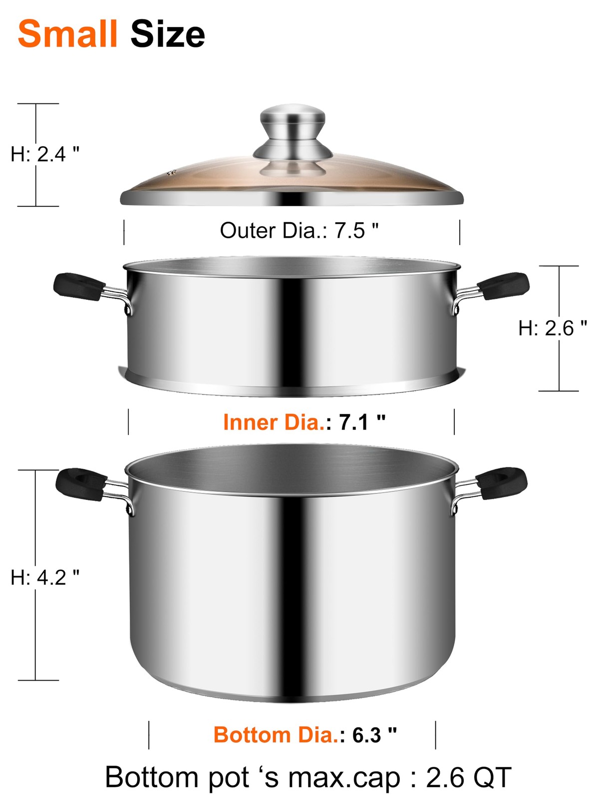 7.1 Inch 2.1 QT Stainless Steel Small Vegetable Steamer Cooking Pot