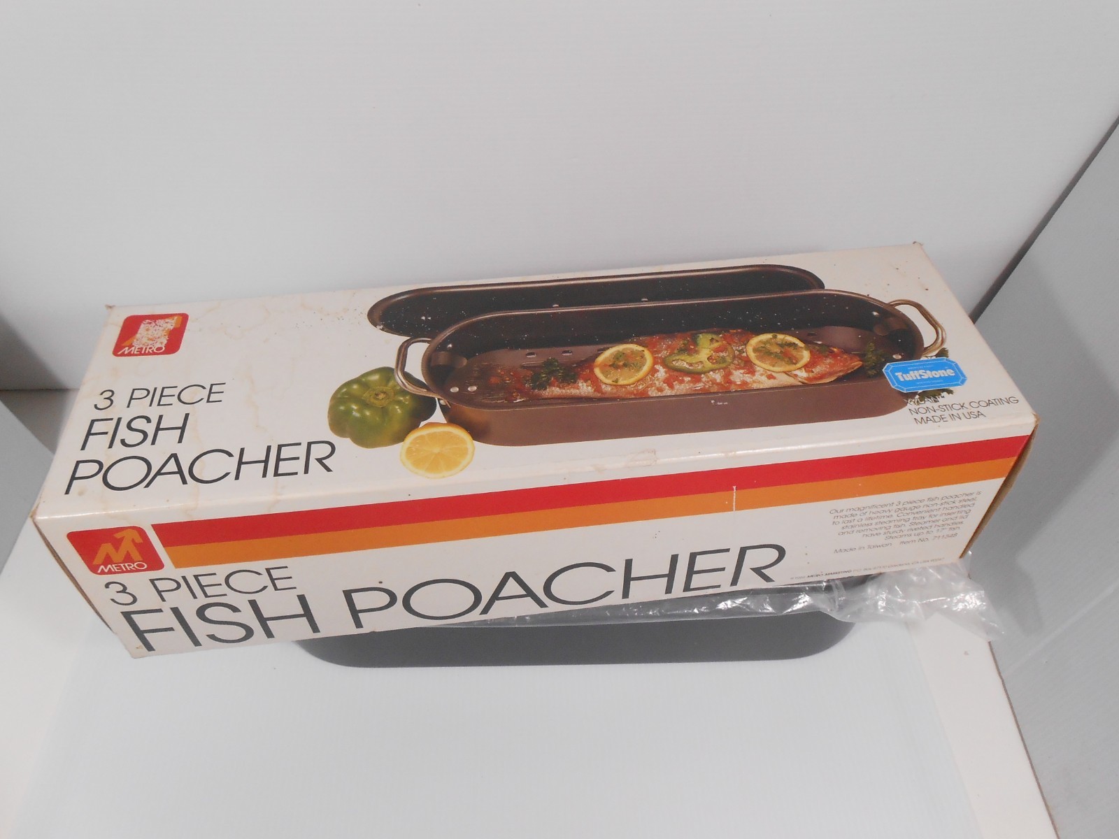 Vtg 1988 NEW METRO Non-Stick Steel 3 Piece Fish Poacher w/ Lid & Rack #711348