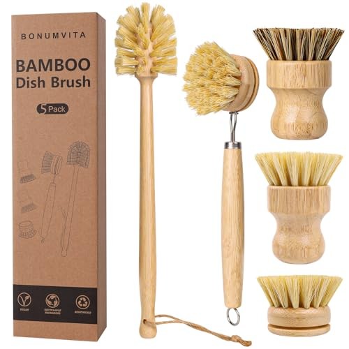 5 Pack Bamboo Dish Brush Set, Wooden Dish Brush with 14’’ Bottle Brush,