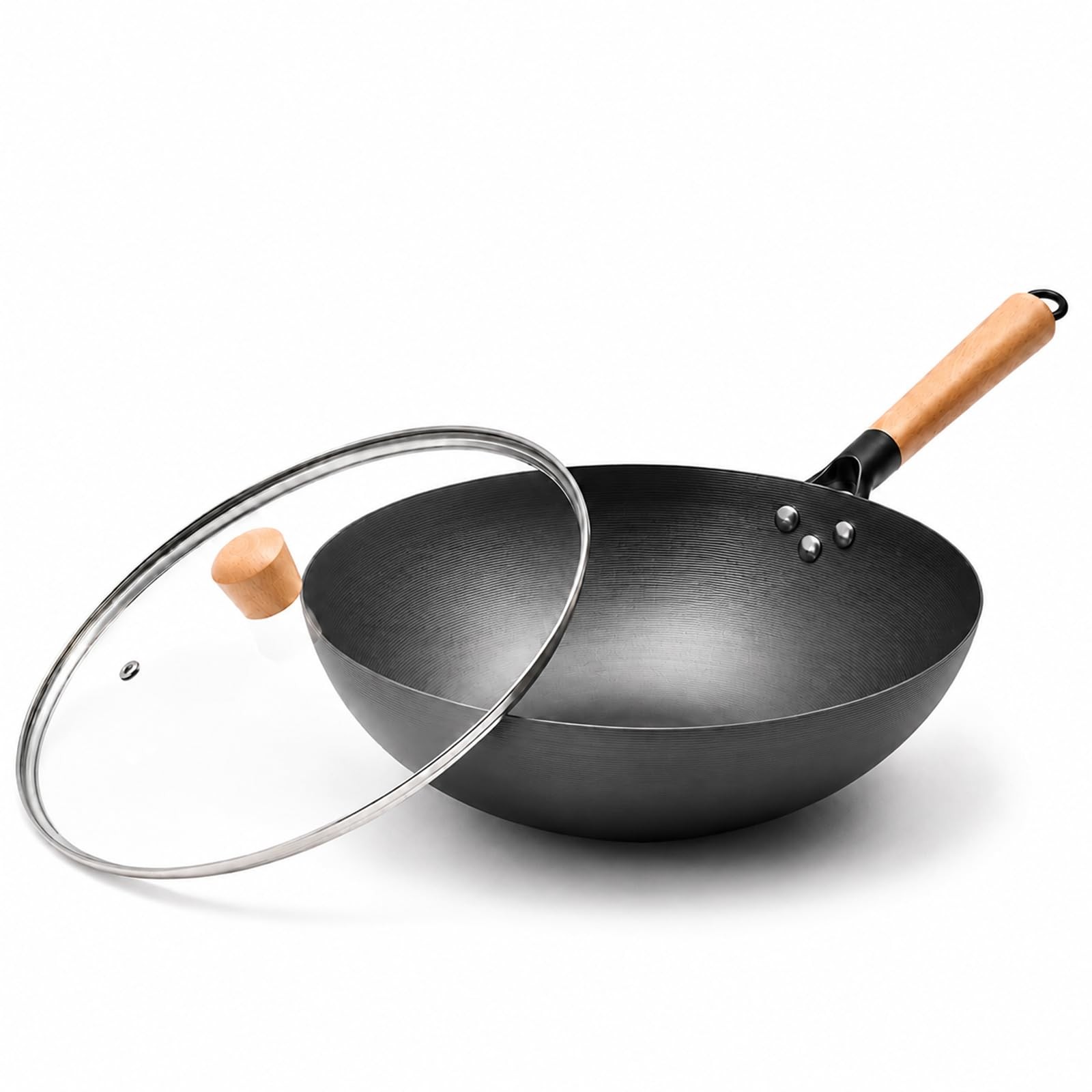 12.6 Inch Carbon Steel Wok Pan Flat Bottom Stir Fry Spiral Thread Coating Free