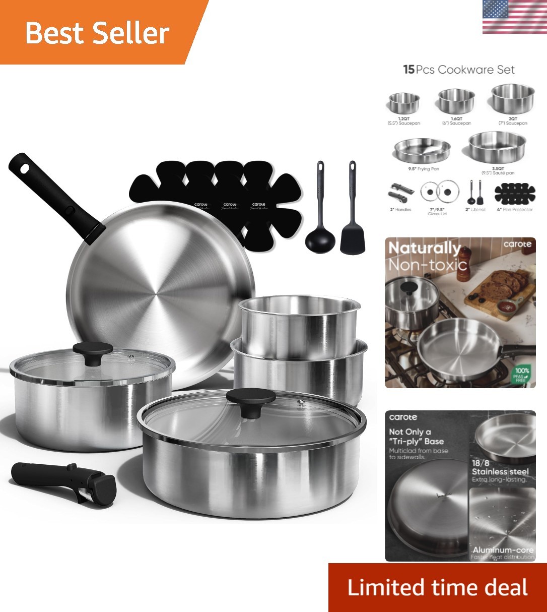 Pots and Pans Set, Stainless Steel Cookware Set Detachable Handle, 15pcs Indu…
