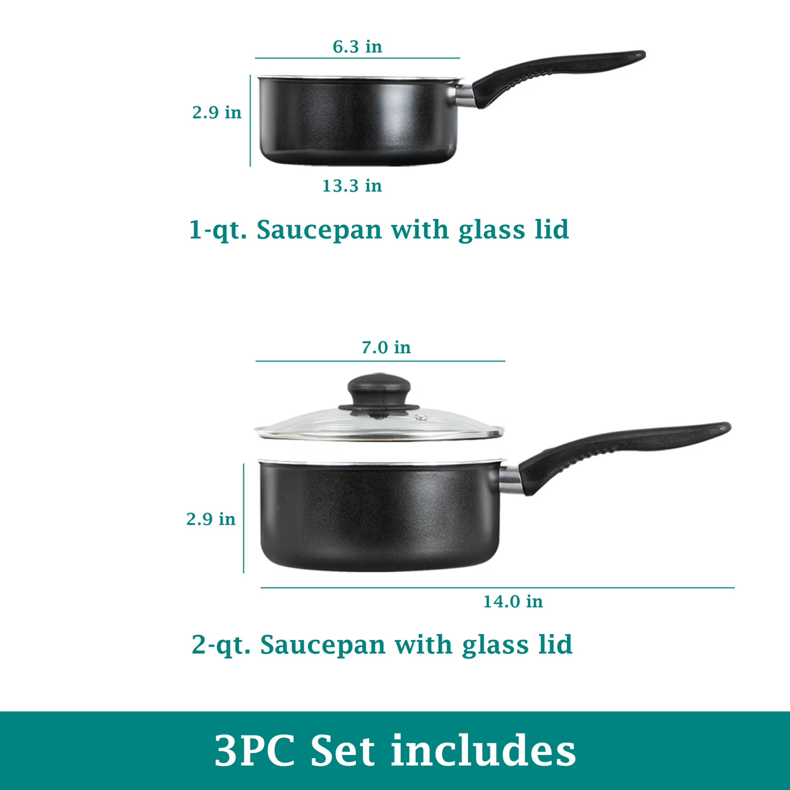 Mainstays 3 Piece Non-Stick Sauce Pans Black, 1Qt & 2Qt with Single Lid
