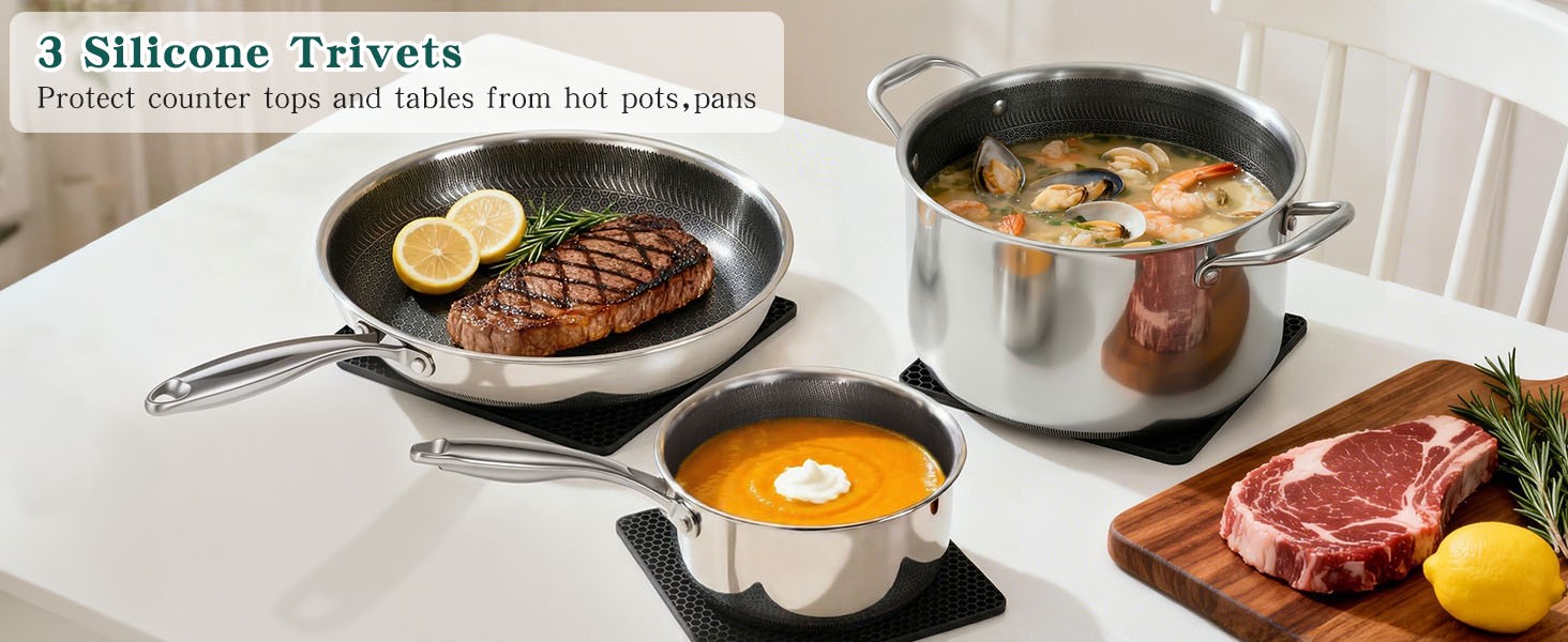 14-Piece Hybrid Stainless Steel Cookware Set, Pots and Pans Set with 3 Silicone